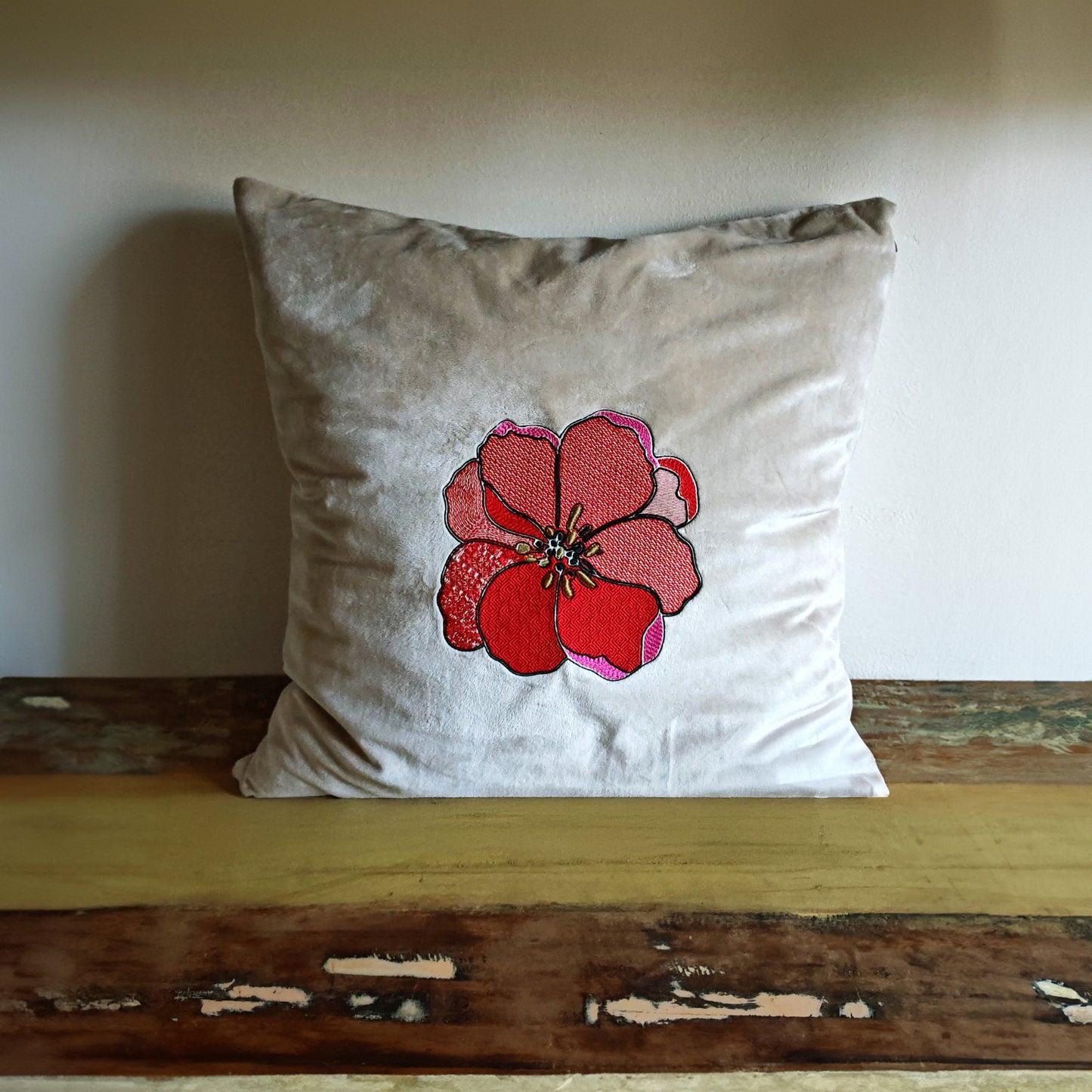 Red poppy Cushion, plush cover with large embroidered flower in red and pink, 50x50cm