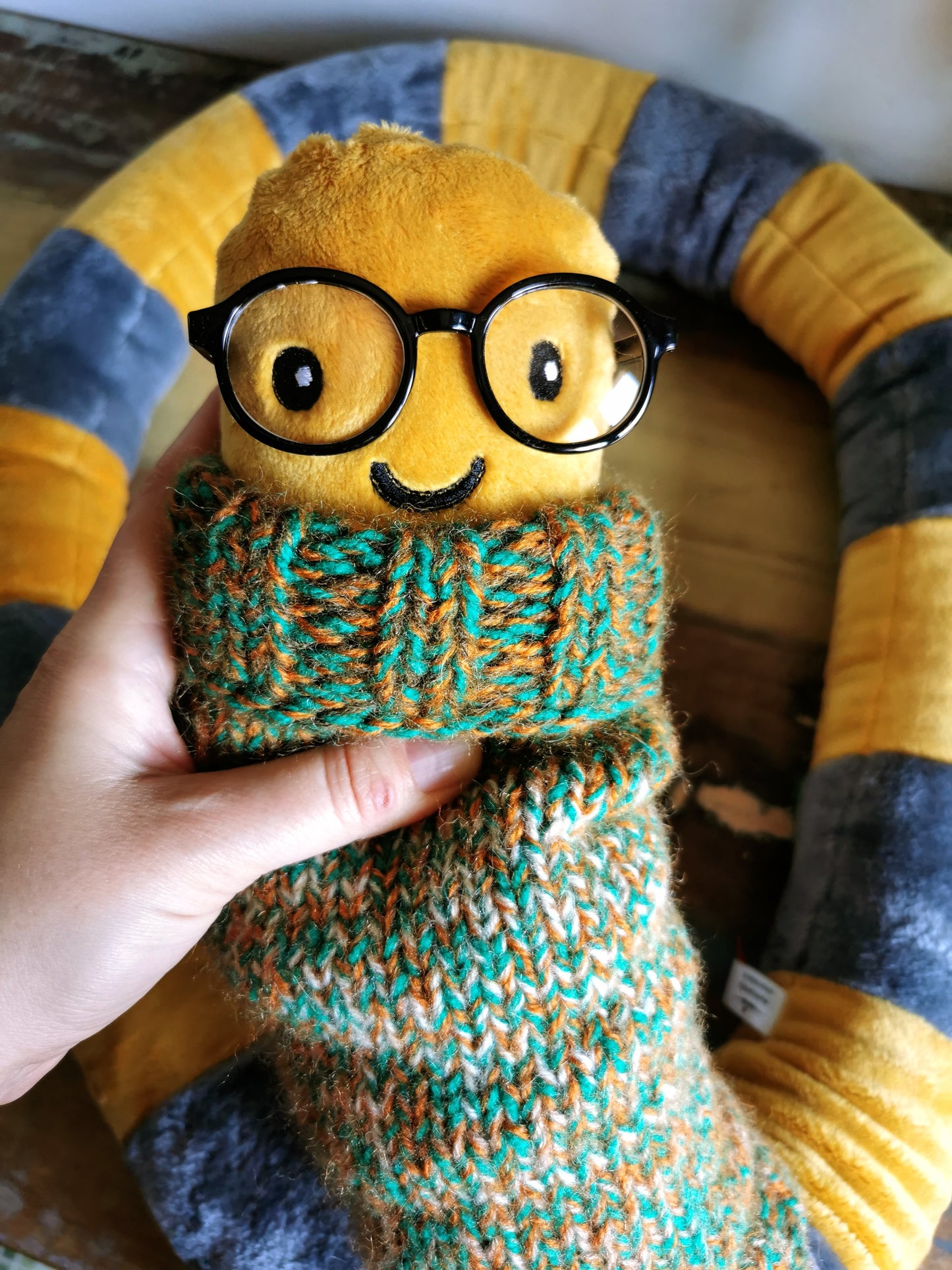 Giant Mustard EarthWorm Plush with knitted turtleneck, funny fantasy odd creature, Mustard-Grey, 200cm