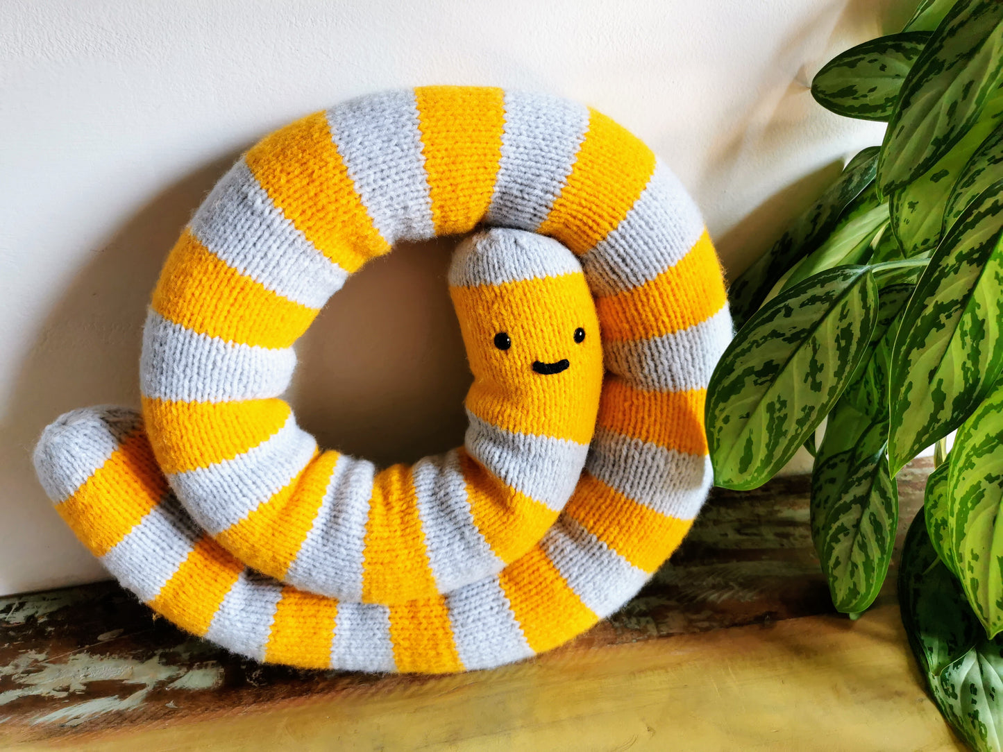 Knitted giant worm, hand knitted wool plush, fantasy creature, yellow-gray, 145cm long