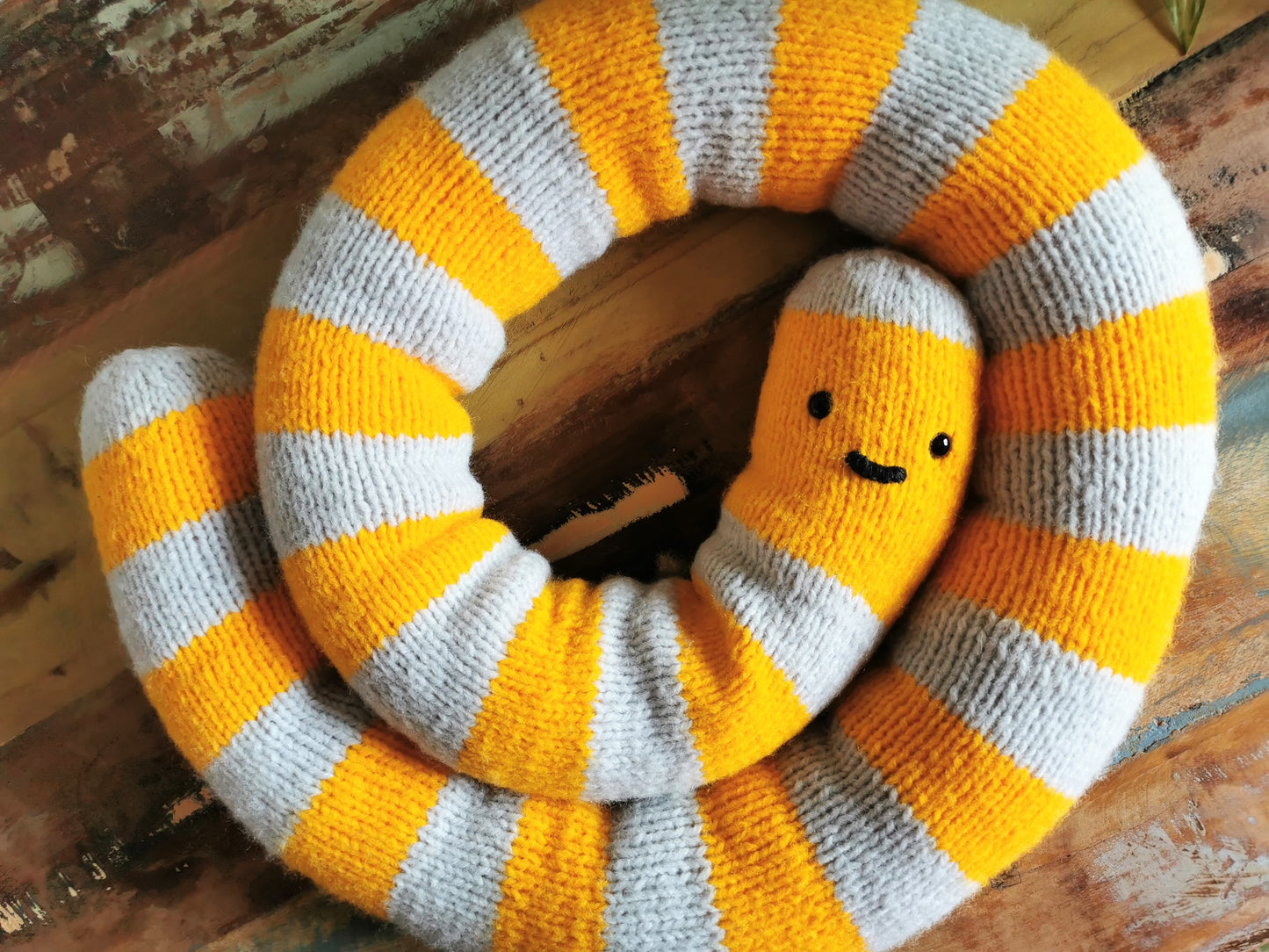 Knitted giant worm, hand knitted wool plush, fantasy creature, yellow-gray, 145cm long