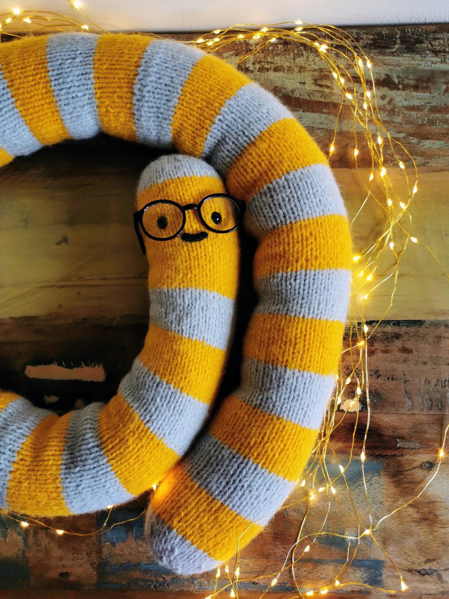 Knitted giant worm, hand knitted wool plush, fantasy creature, yellow-gray, 145cm long