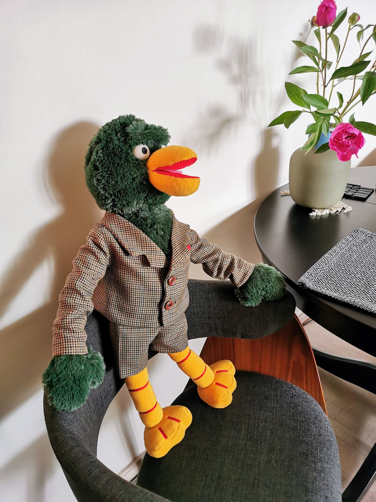 David Duck, Don't Hug Me I'm Scared replica collector's plush, Custom green duck plush inspired by DHMIS, David duck in suit 50 cm