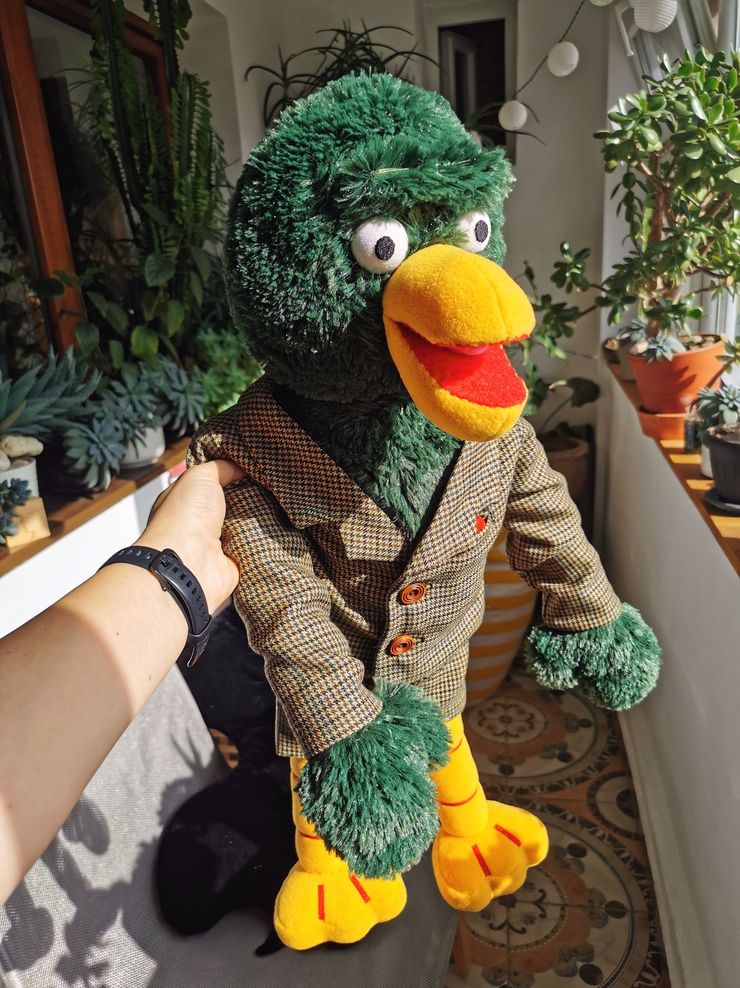 David Duck, Don't Hug Me I'm Scared replica collector's plush, Custom green duck plush inspired by DHMIS, David duck in suit 50 cm