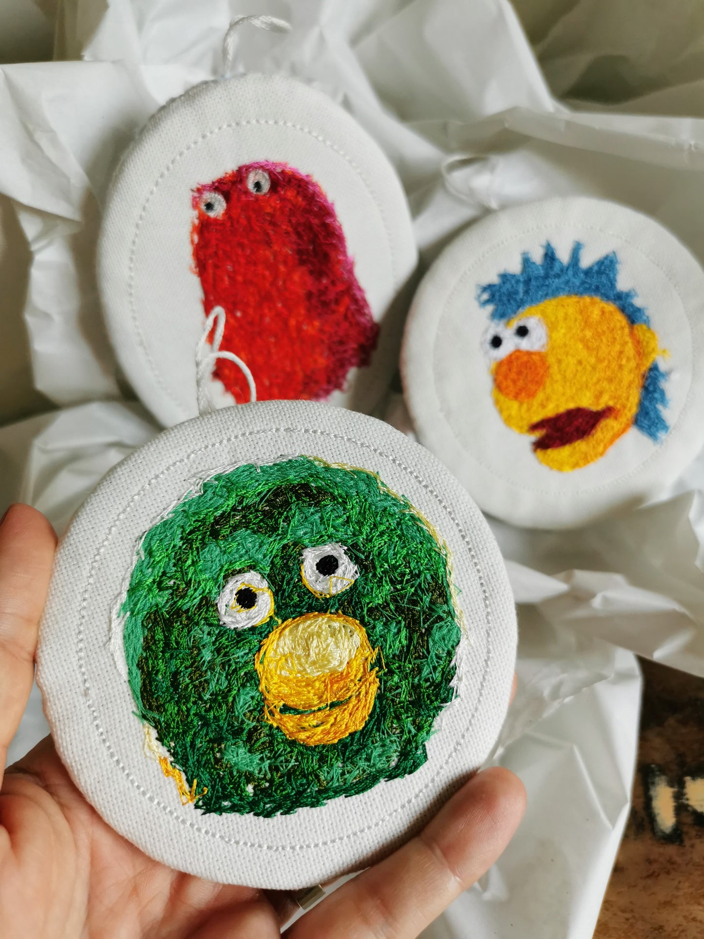 DHMIS Embroidered Wall Art - Set of 3 Miniature Character portraits, Embroidered Decor, 10/12 cm