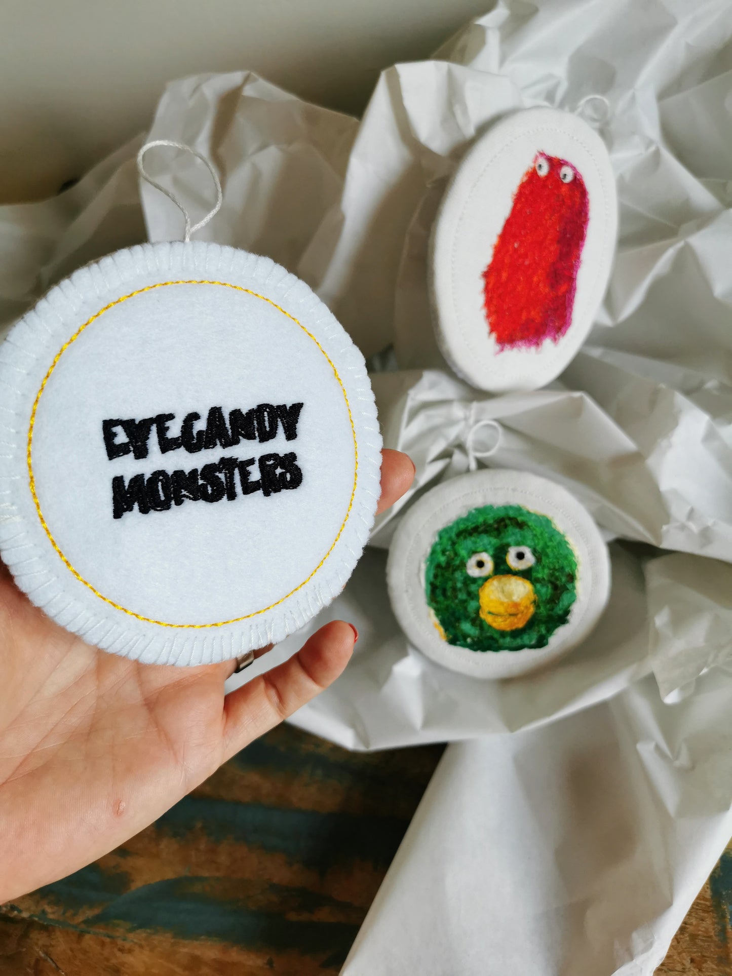 DHMIS Embroidered Wall Art - Set of 3 Miniature Character portraits, Embroidered Decor, 10/12 cm