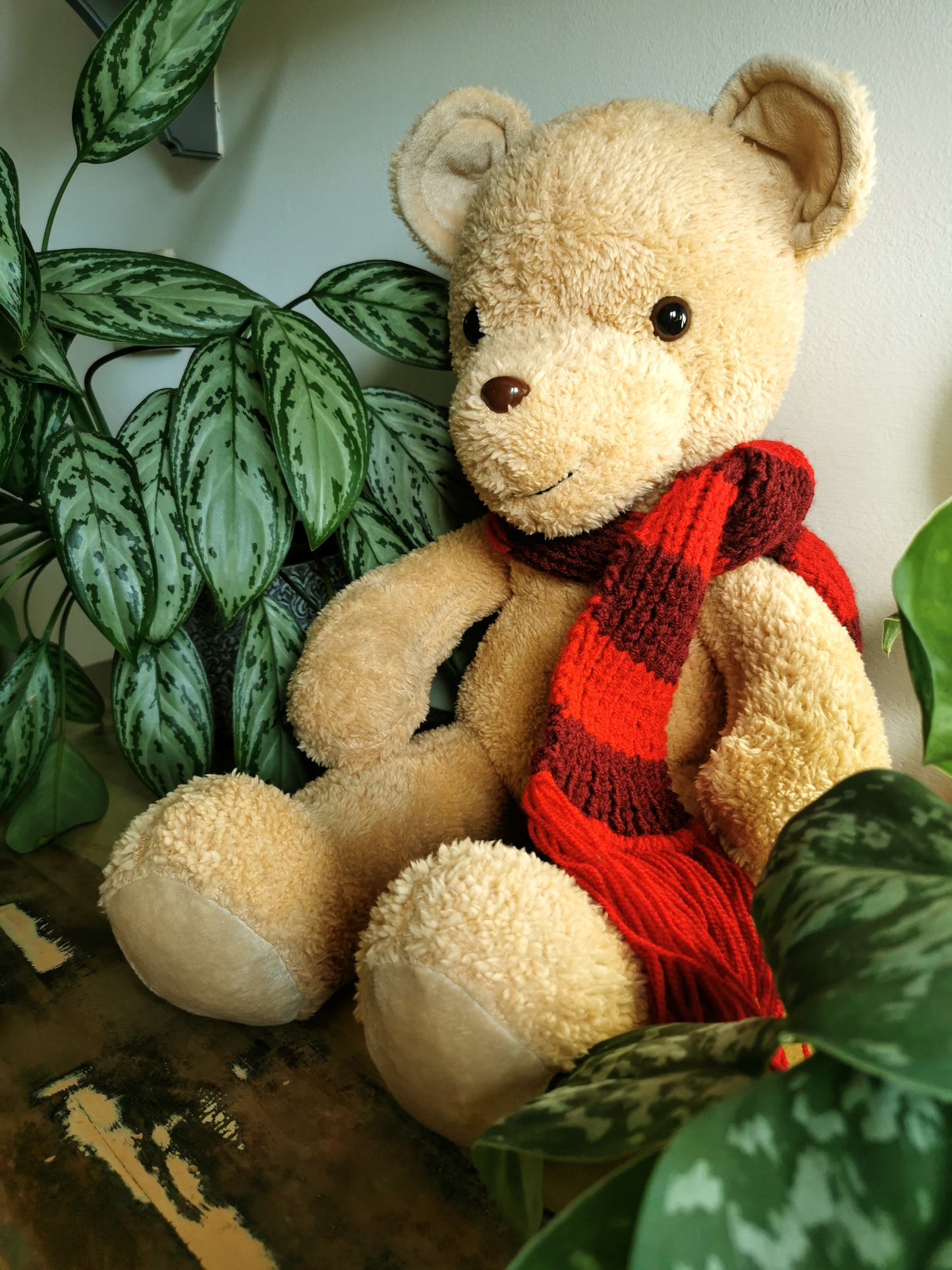 Teddy bear cub with knitted red scarf, plush teddy with weighted beads, toddler teddy bear 55 cm