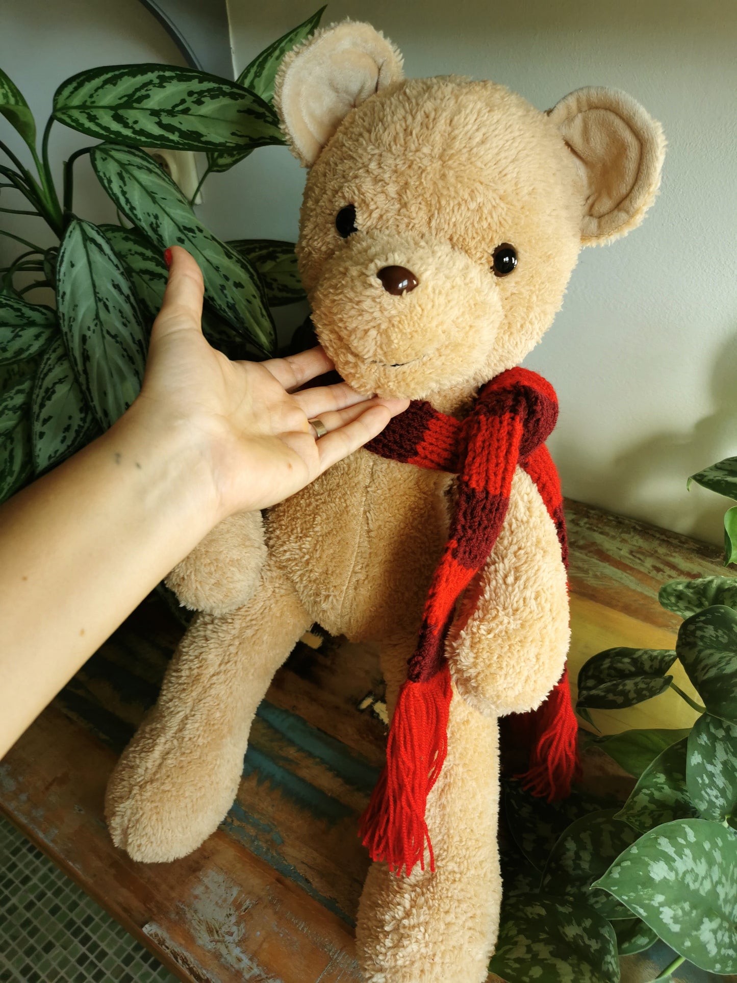 Teddy bear cub with knitted red scarf, plush teddy with weighted beads, toddler teddy bear 55 cm
