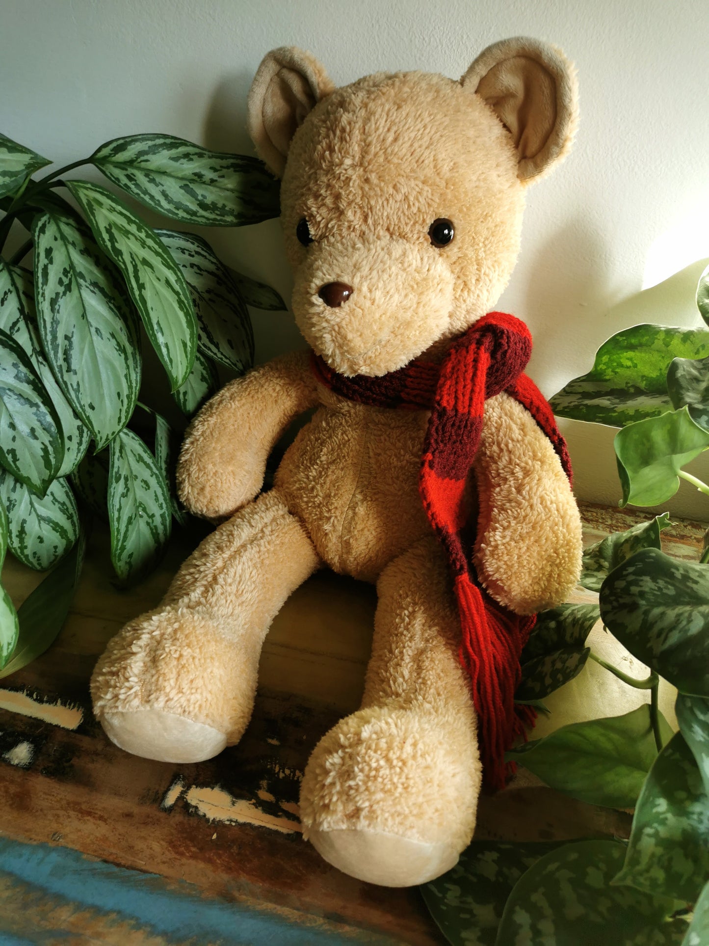 Teddy bear cub with knitted red scarf, plush teddy with weighted beads, toddler teddy bear 55 cm