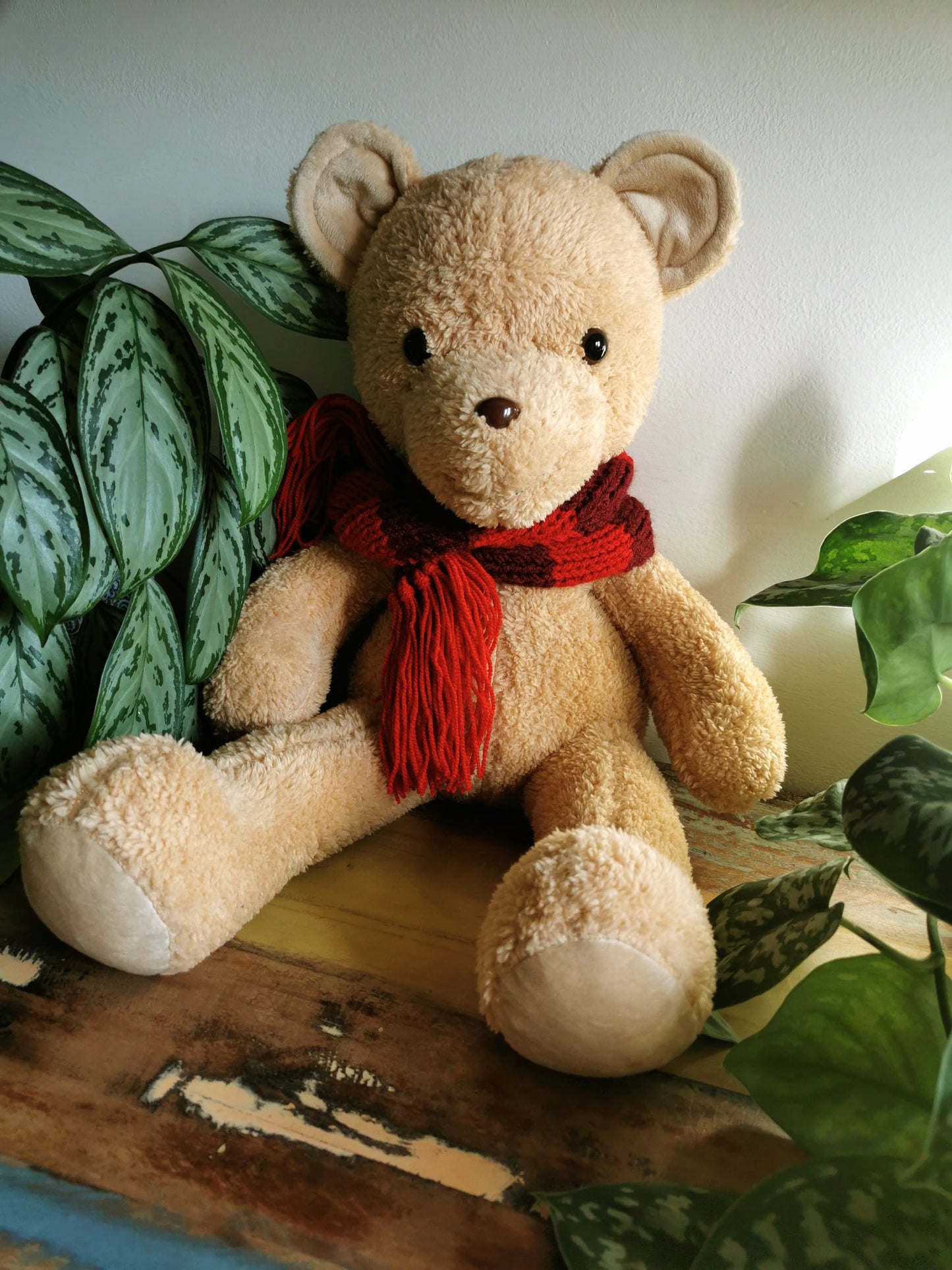 Teddy bear cub with knitted red scarf, plush teddy with weighted beads, toddler teddy bear 55 cm