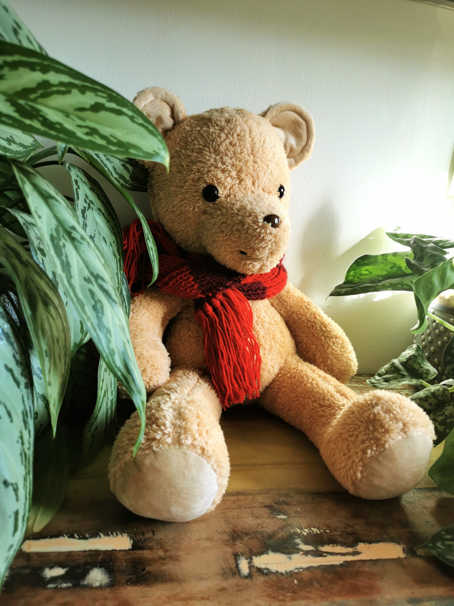 Teddy bear cub with knitted red scarf, plush teddy with weighted beads, toddler teddy bear 55 cm
