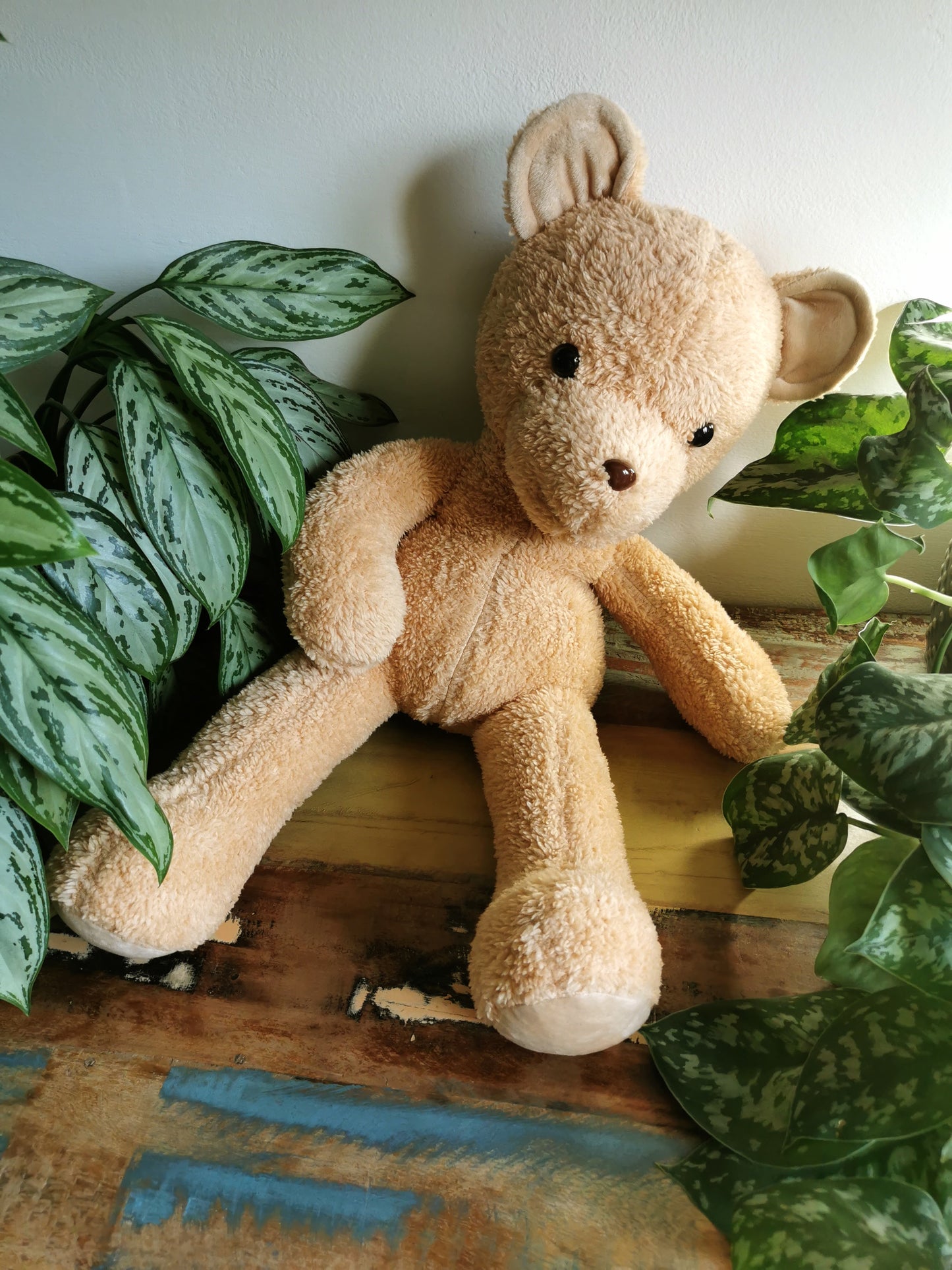 Teddy bear cub with knitted red scarf, plush teddy with weighted beads, toddler teddy bear 55 cm