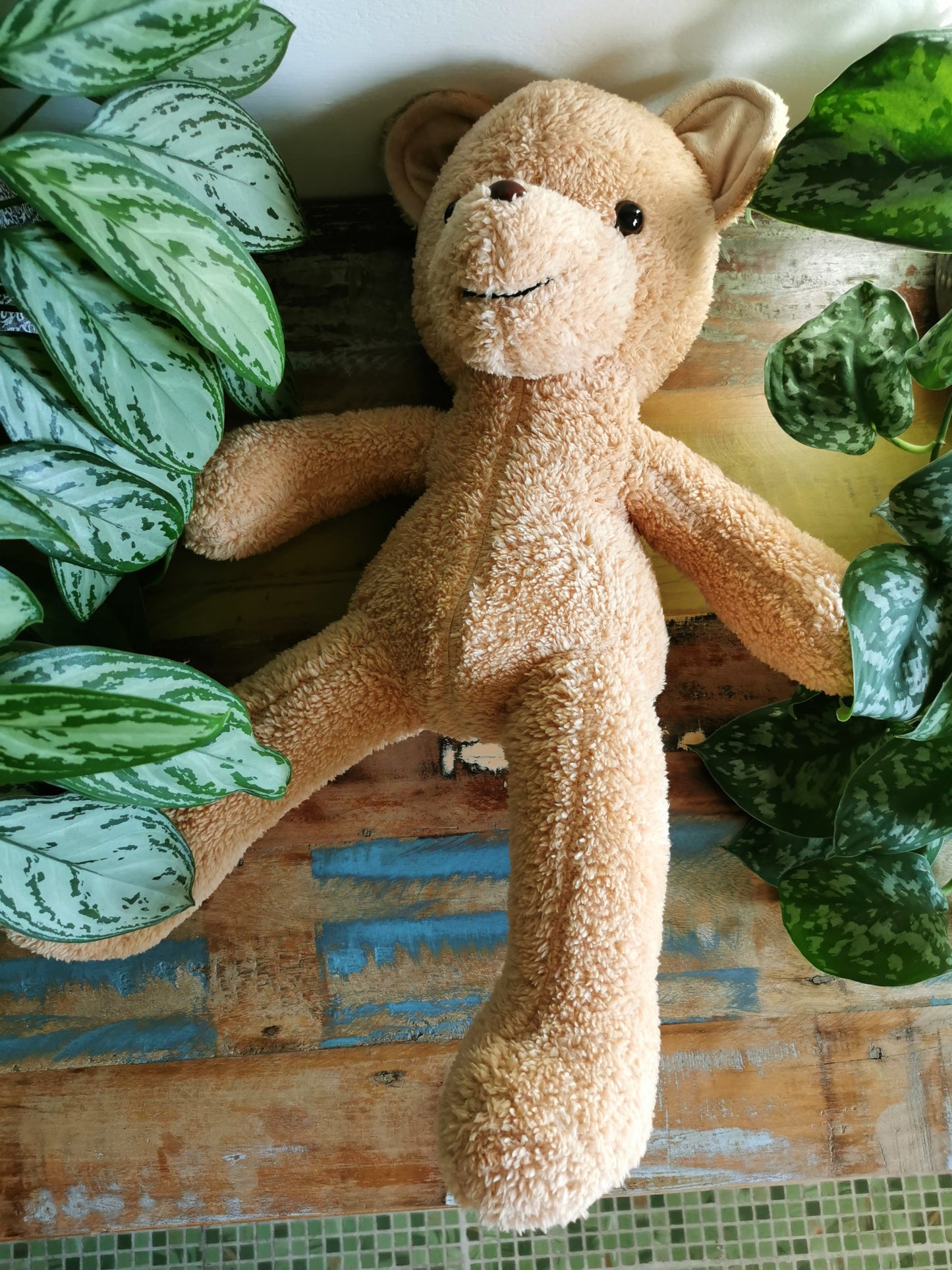 Teddy bear cub with knitted red scarf, plush teddy with weighted beads, toddler teddy bear 55 cm