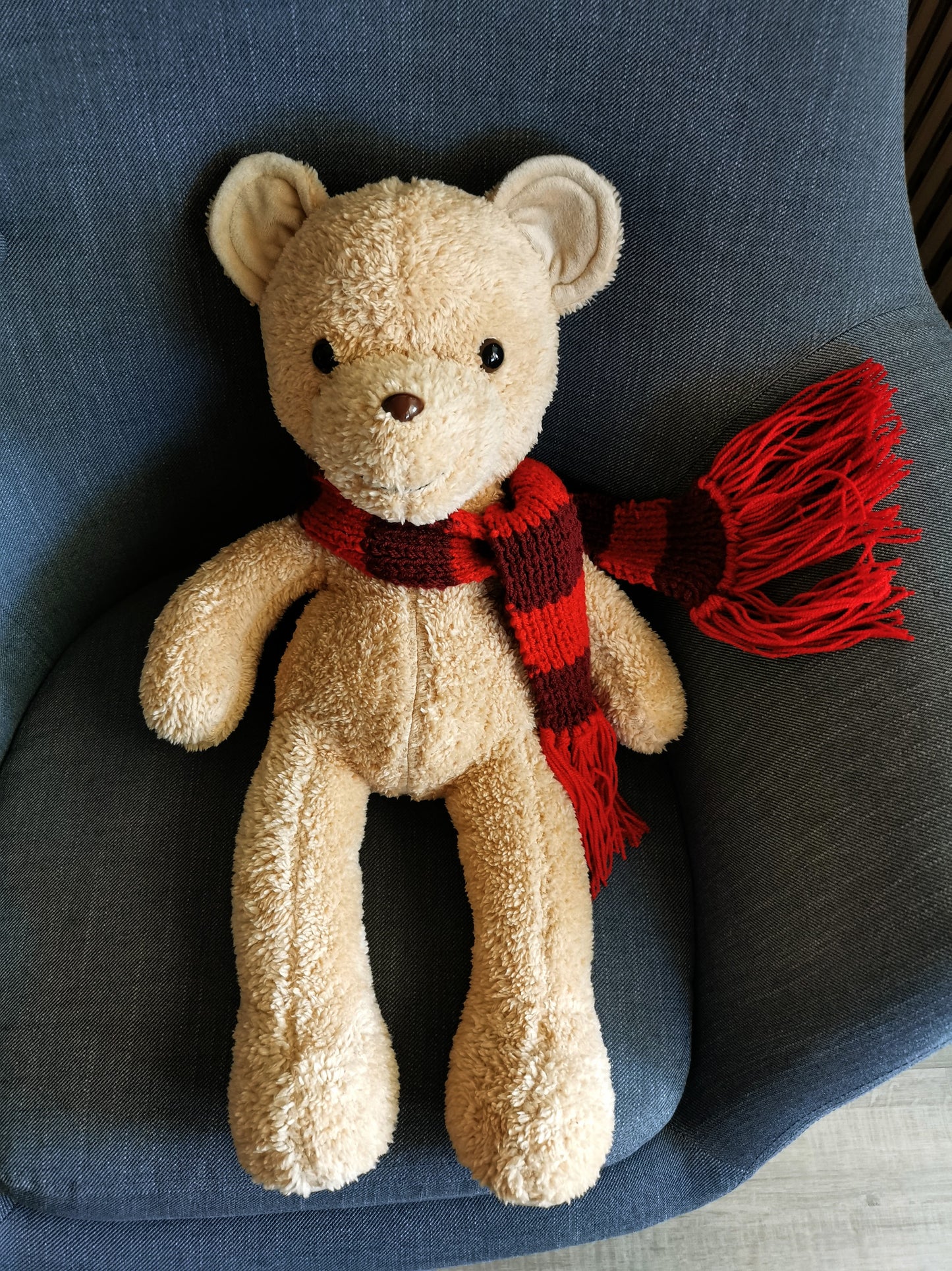 Teddy bear cub with knitted red scarf, plush teddy with weighted beads, toddler teddy bear 55 cm
