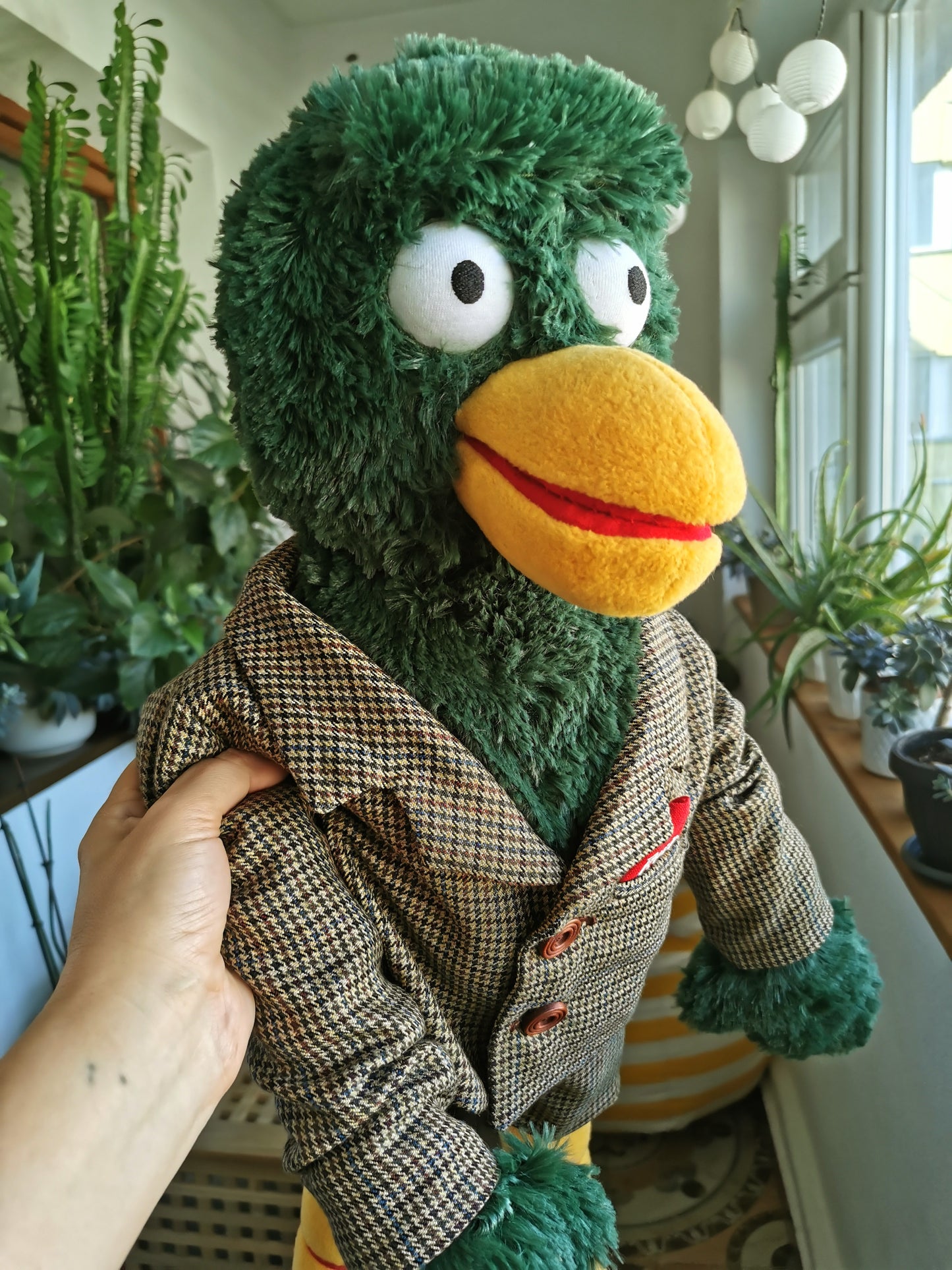 David Duck, Don't Hug Me I'm Scared replica collector's plush, Custom green duck plush inspired by DHMIS, David duck in suit 50 cm