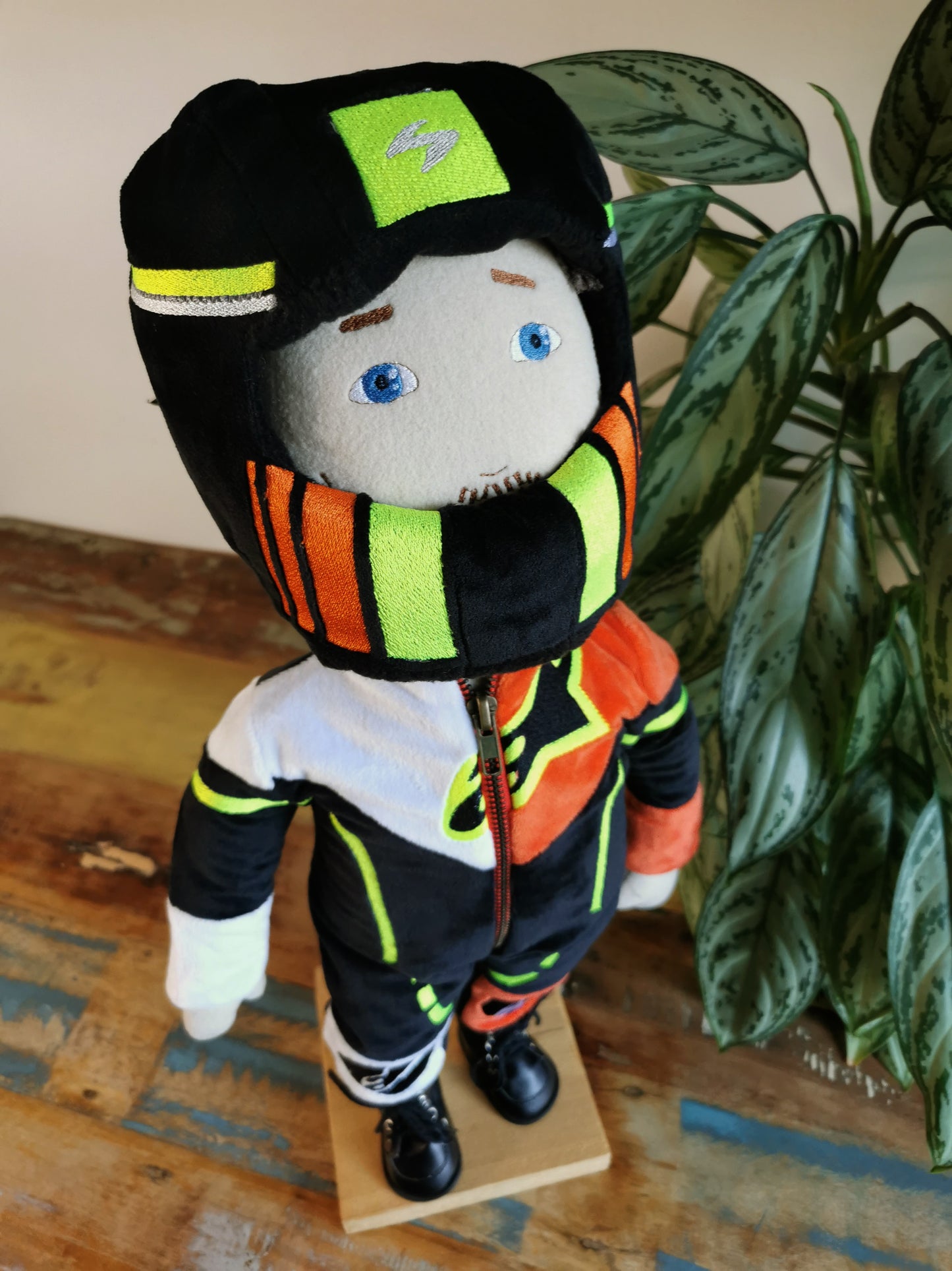 Motorcyclist Portrait Doll based on photos, Mini me soft doll, likeness doll in Motorcycle suit and helmet, 50 cm