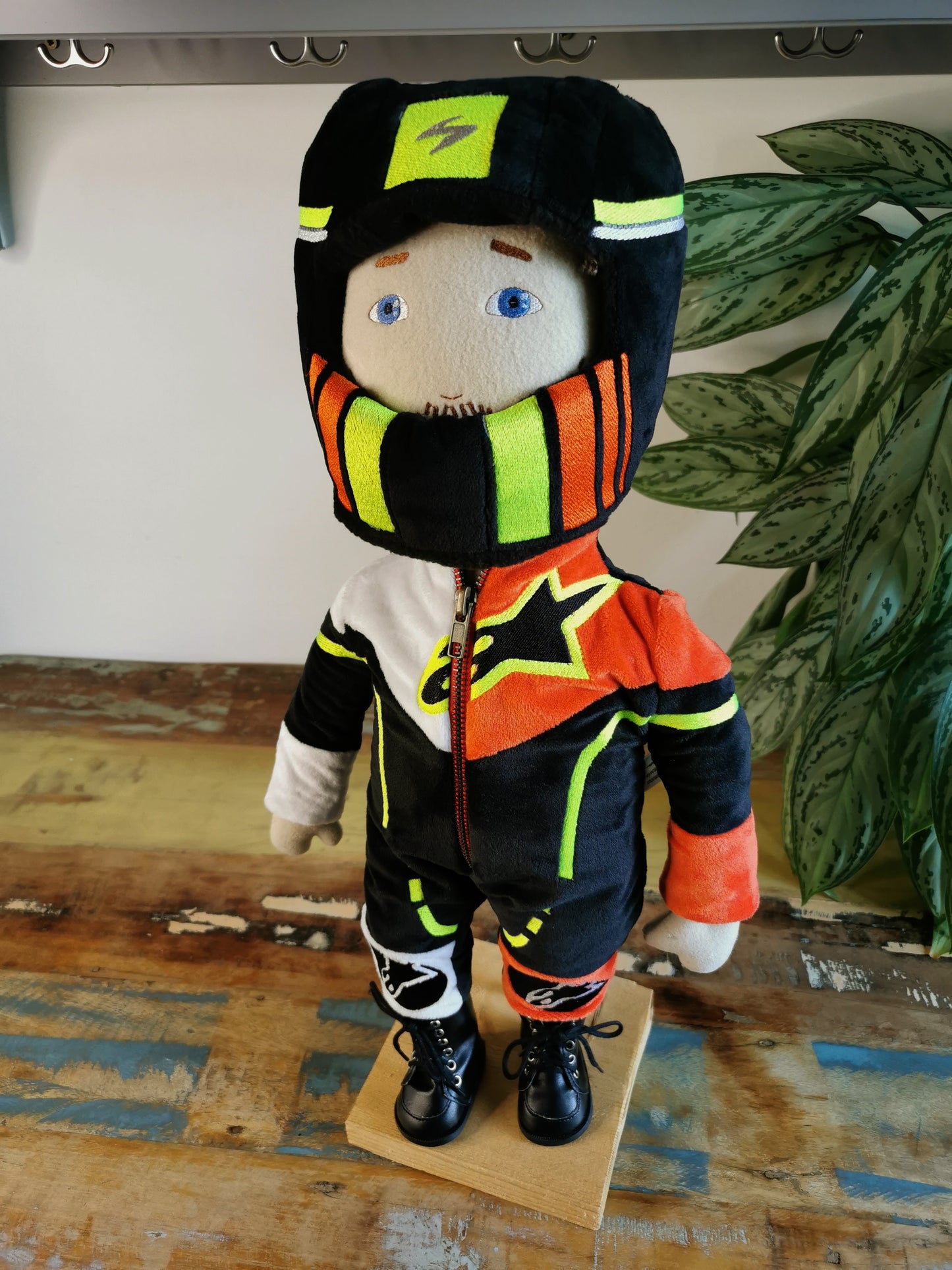 Motorcyclist Portrait Doll based on photos, Mini me soft doll, likeness doll in Motorcycle suit and helmet, 50 cm