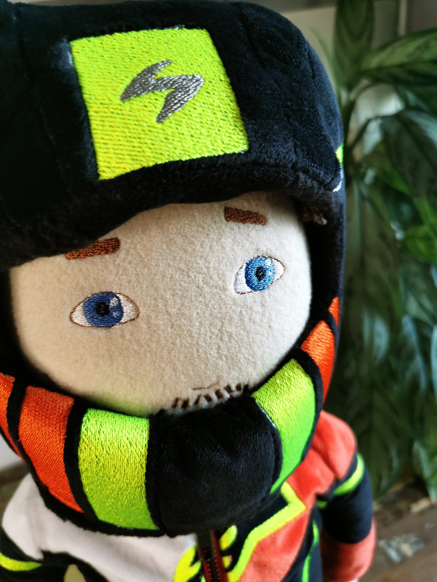 Motorcyclist Portrait Doll based on photos, Mini me soft doll, likeness doll in Motorcycle suit and helmet, 50 cm