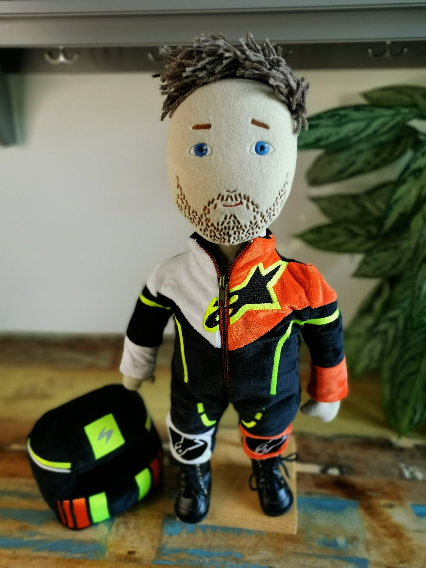Motorcyclist Portrait Doll based on photos, Mini me soft doll, likeness doll in Motorcycle suit and helmet, 50 cm