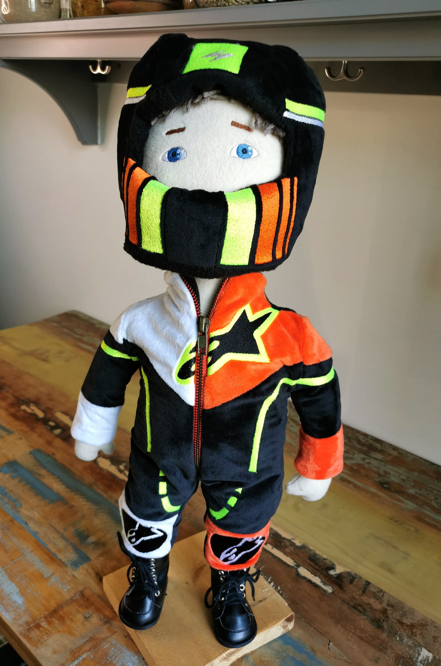 Motorcyclist Portrait Doll based on photos, Mini me soft doll, likeness doll in Motorcycle suit and helmet, 50 cm