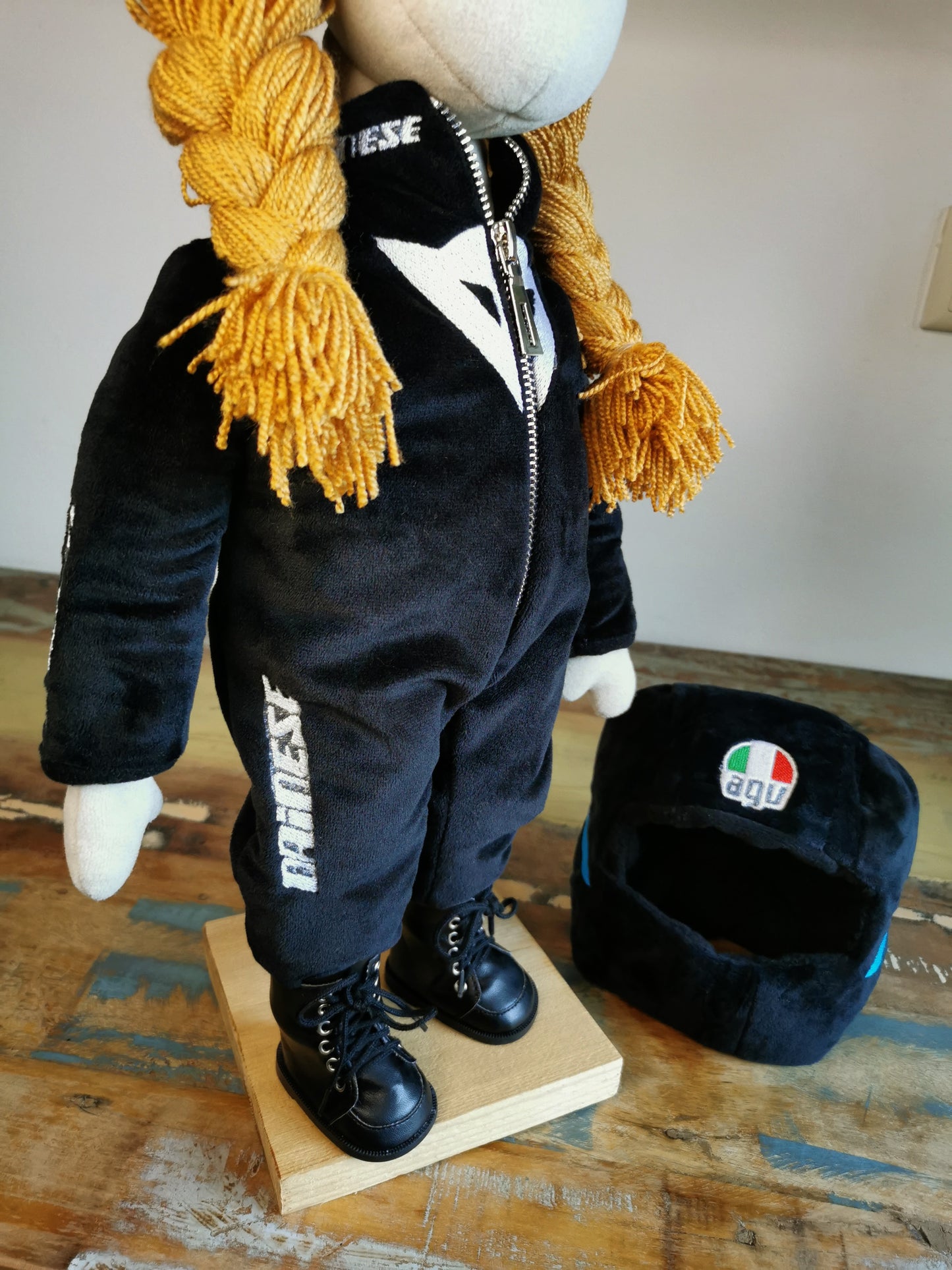 Motorcyclist Portrait Doll based on photos, Mini me soft doll, likeness doll in Motorcycle suit and helmet, 50 cm