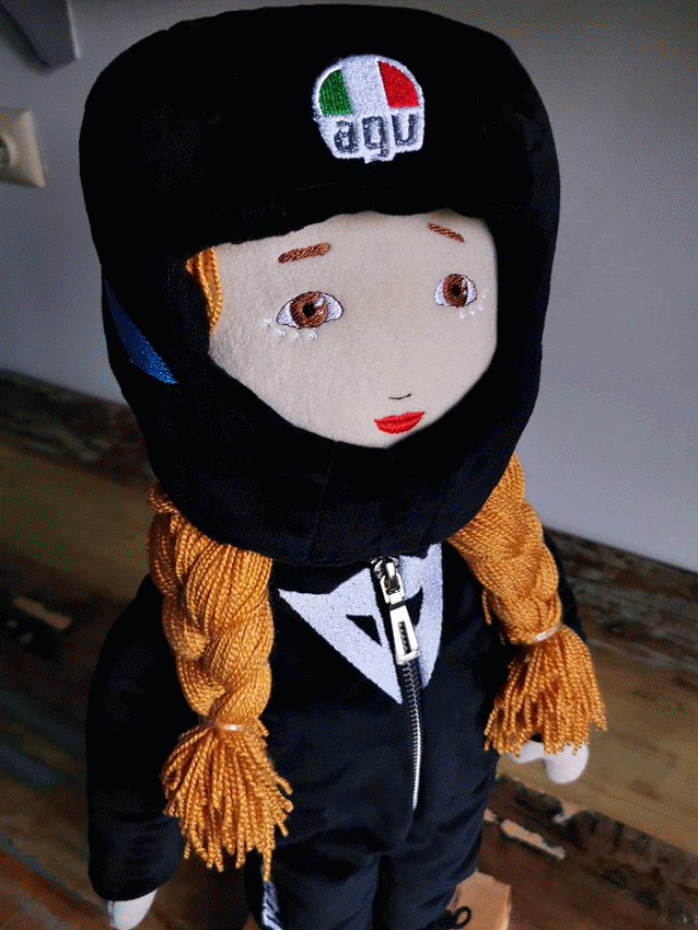 Motorcyclist Portrait Doll based on photos, Mini me soft doll, likeness doll in Motorcycle suit and helmet, 50 cm