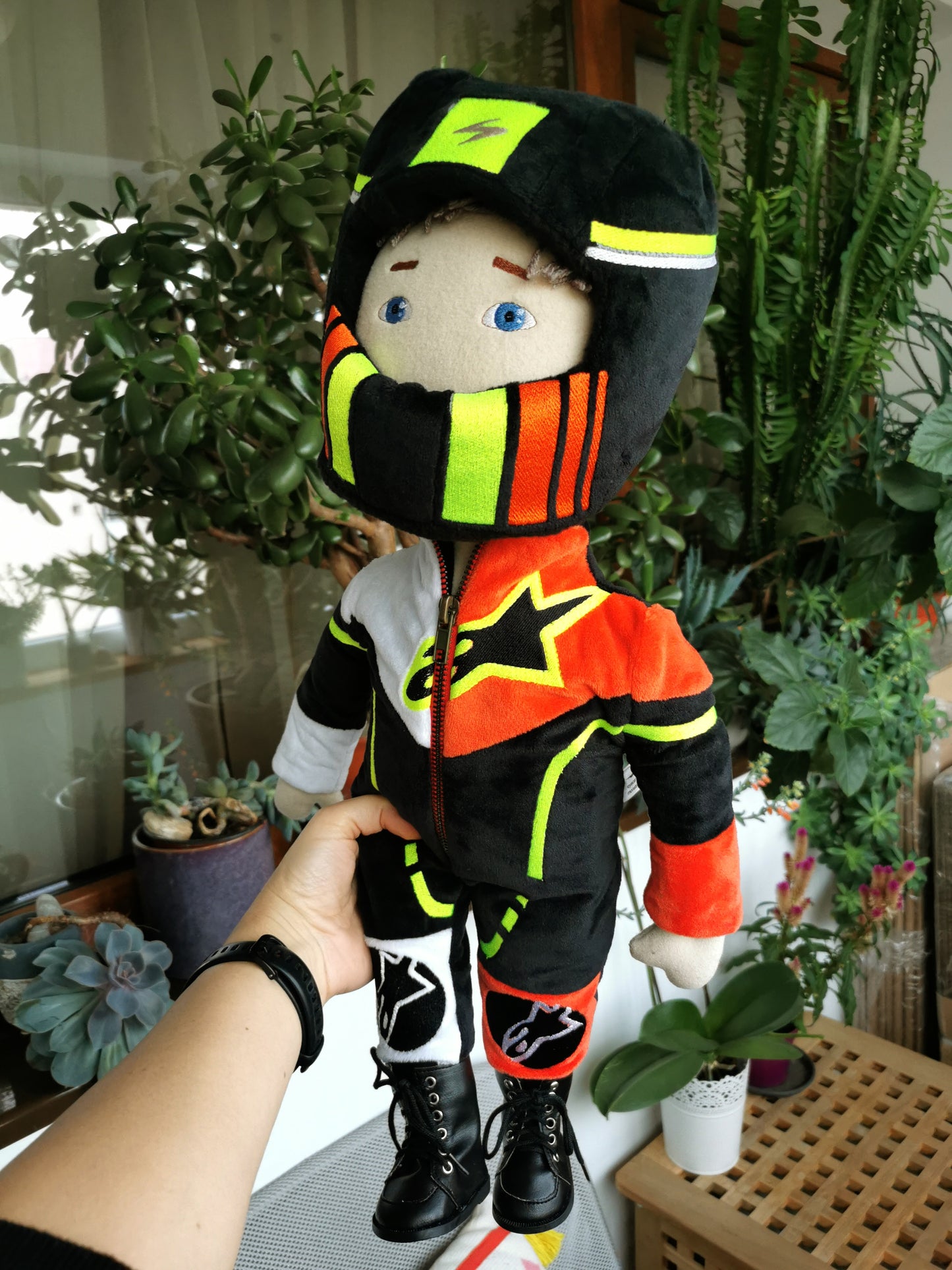 Motorcyclist Portrait Doll based on photos, Mini me soft doll, likeness doll in Motorcycle suit and helmet, 50 cm