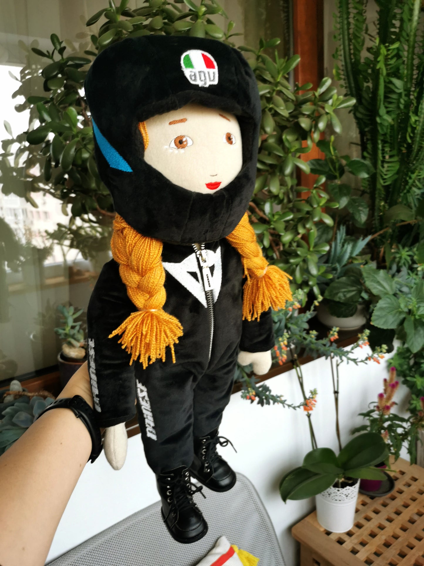 Motorcyclist Portrait Doll based on photos, Mini me soft doll, likeness doll in Motorcycle suit and helmet, 50 cm