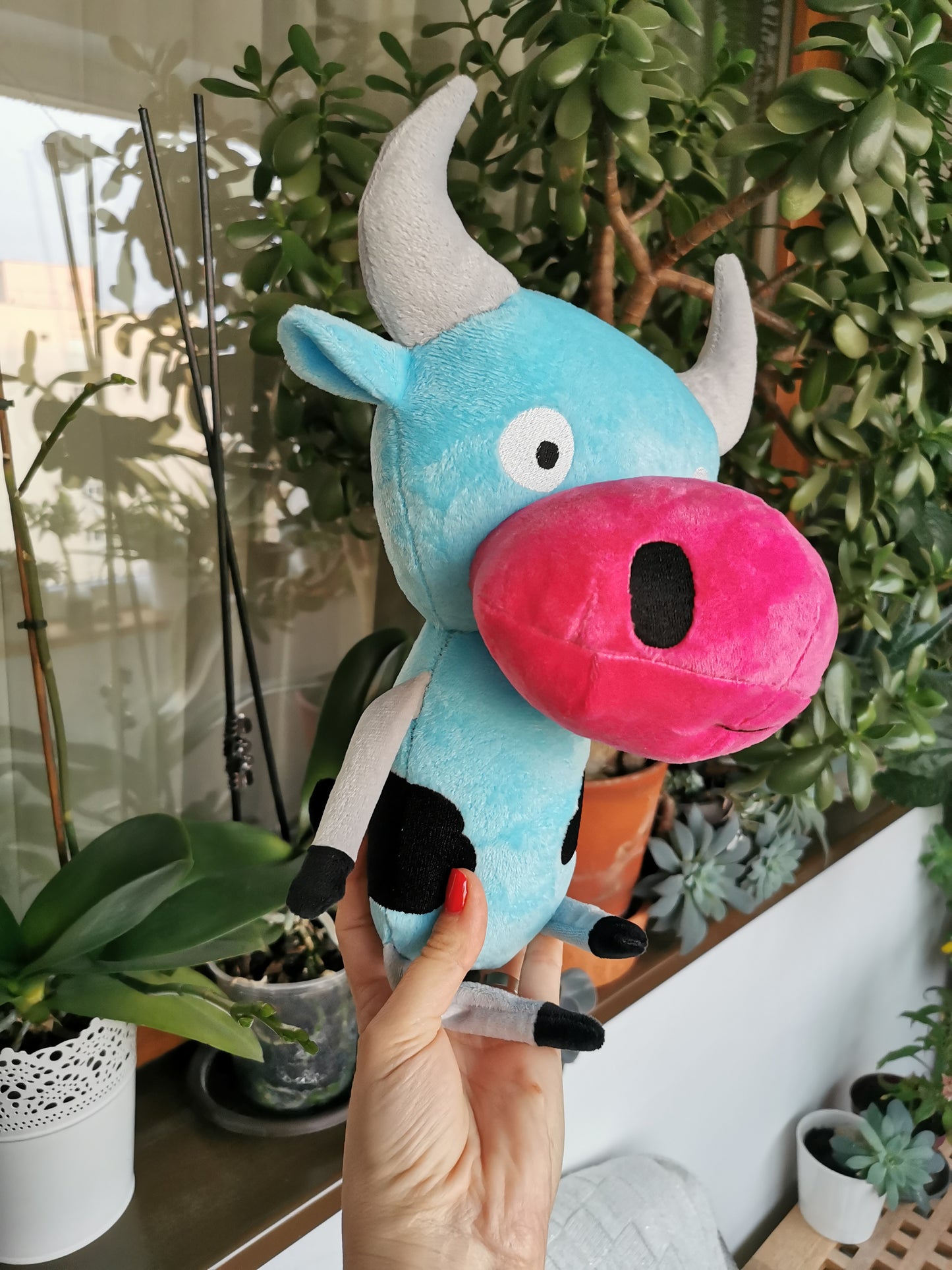 Custom cow plush inspired by Facebook sticker Moohan, 30 cm
