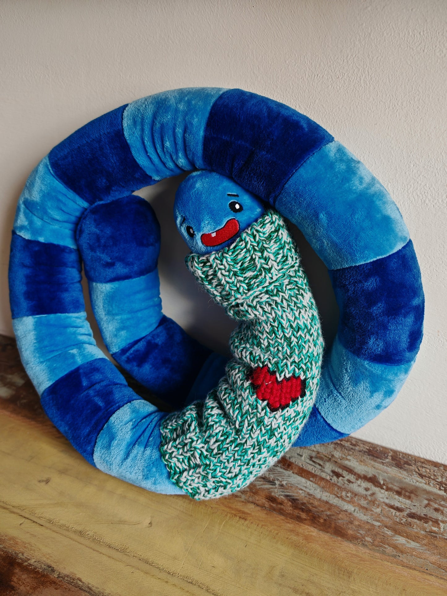 Giant smiling worm plush dressed in knitted turtleneck, funny fantasy odd critter, fun home decor, blue Worm with embroidered heart, 200cm