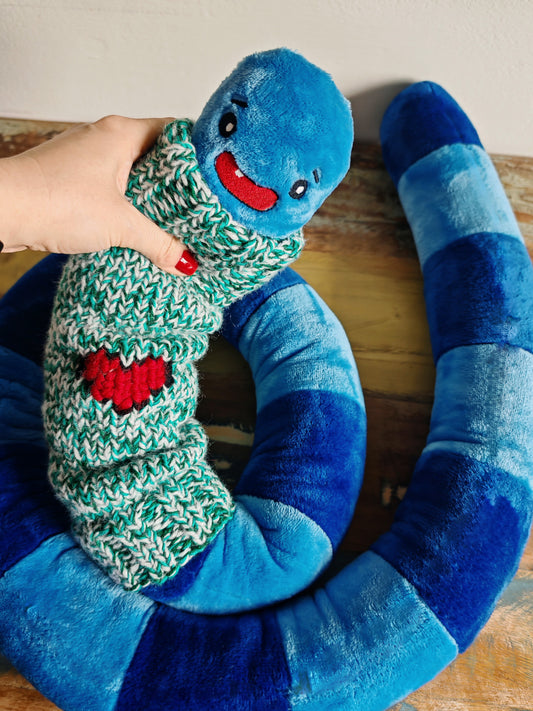 Giant smiling worm plush dressed in knitted turtleneck, funny fantasy odd critter, fun home decor, blue Worm with embroidered heart, 200cm