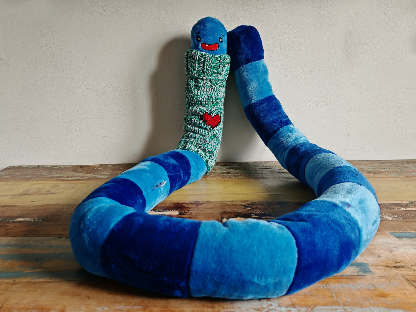 Giant smiling worm plush dressed in knitted turtleneck, funny fantasy odd critter, fun home decor, blue Worm with embroidered heart, 200cm