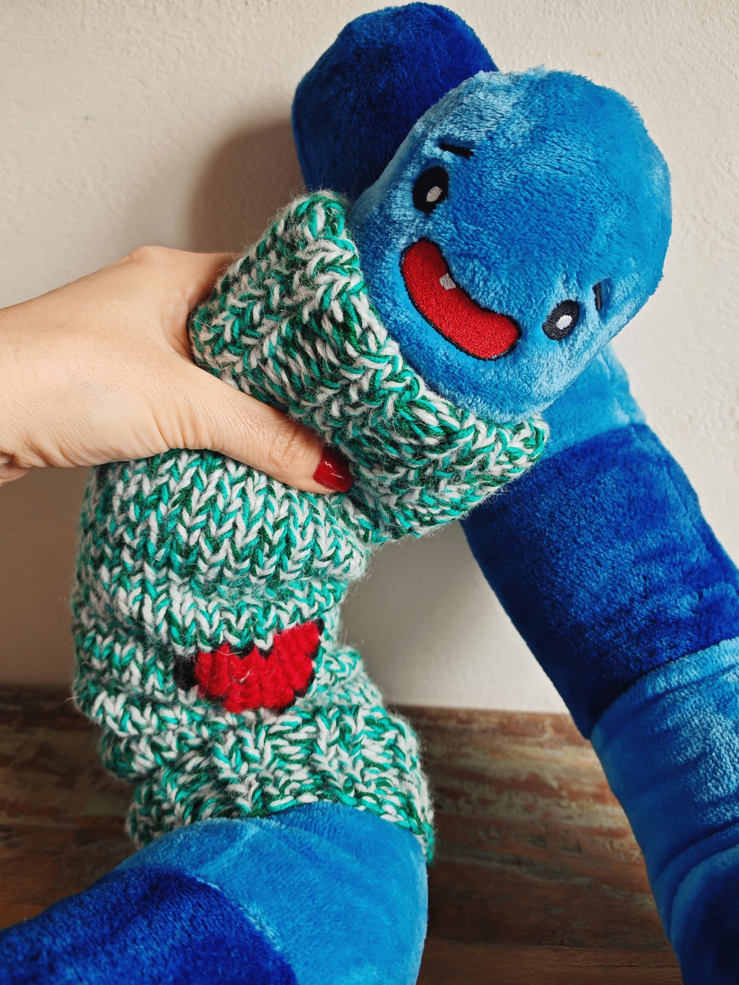 Giant smiling worm plush dressed in knitted turtleneck, funny fantasy odd critter, fun home decor, blue Worm with embroidered heart, 200cm