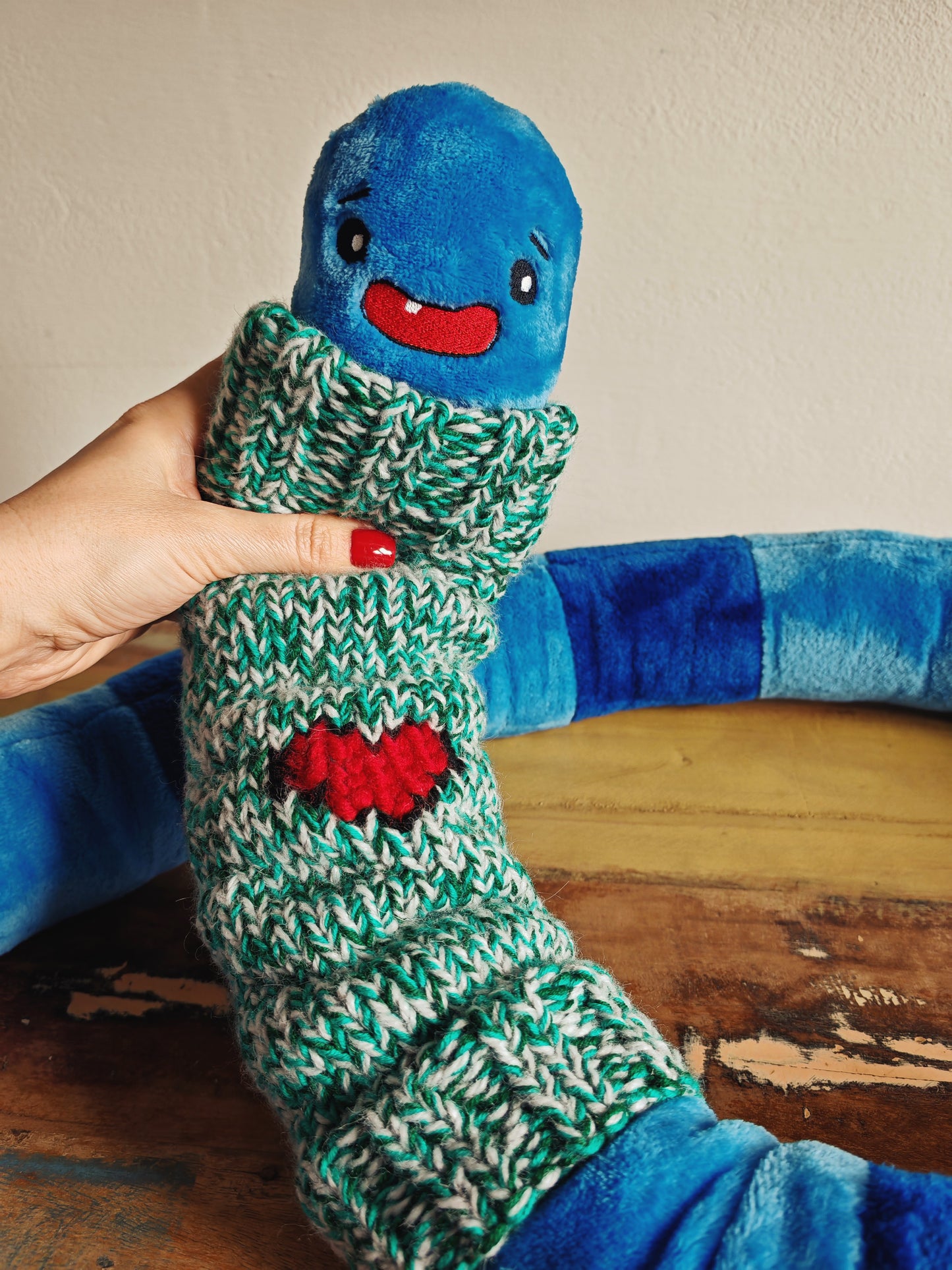 Giant smiling worm plush dressed in knitted turtleneck, funny fantasy odd critter, fun home decor, blue Worm with embroidered heart, 200cm