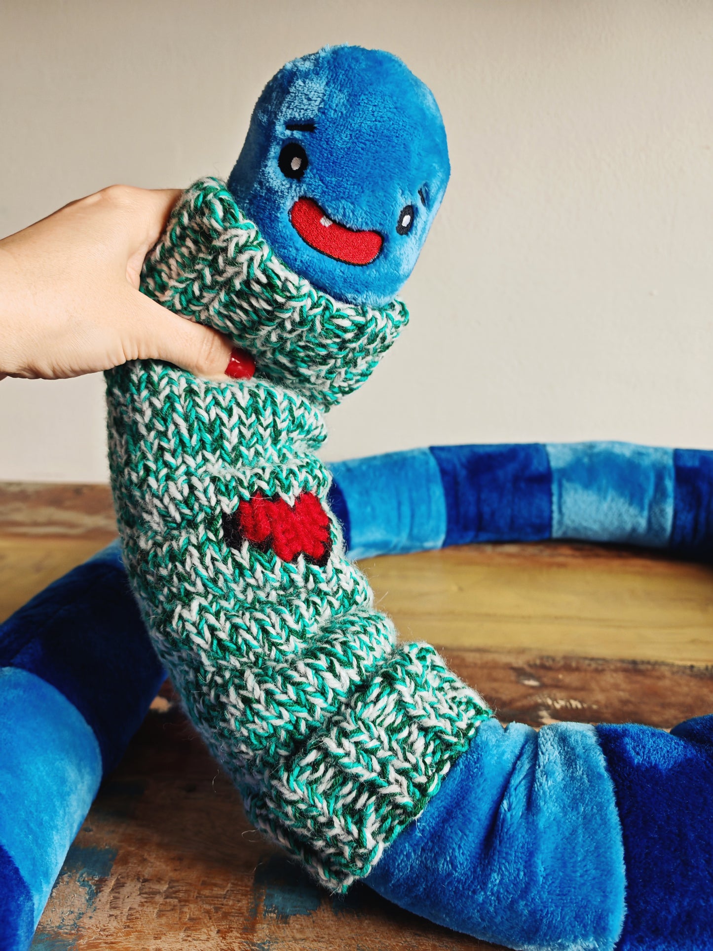 Giant smiling worm plush dressed in knitted turtleneck, funny fantasy odd critter, fun home decor, blue Worm with embroidered heart, 200cm