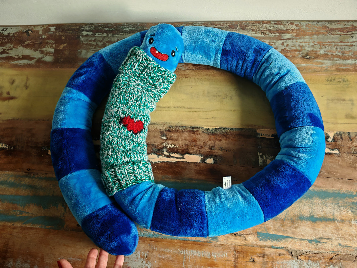 Giant smiling worm plush dressed in knitted turtleneck, funny fantasy odd critter, fun home decor, blue Worm with embroidered heart, 200cm