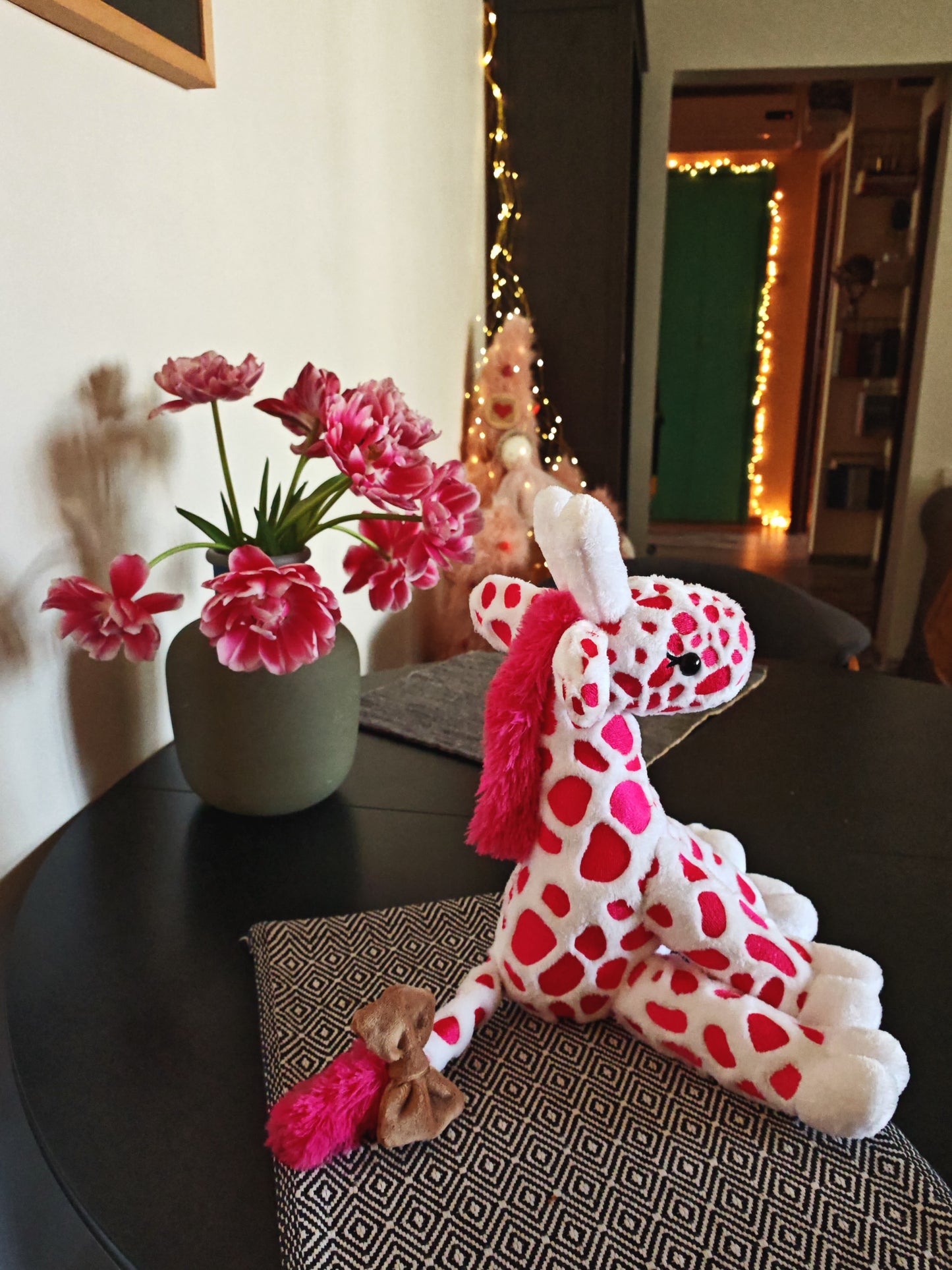 Pink Baby Giraffe plush, embroidered cuddling giraffe toy white plush bright pink embroidery