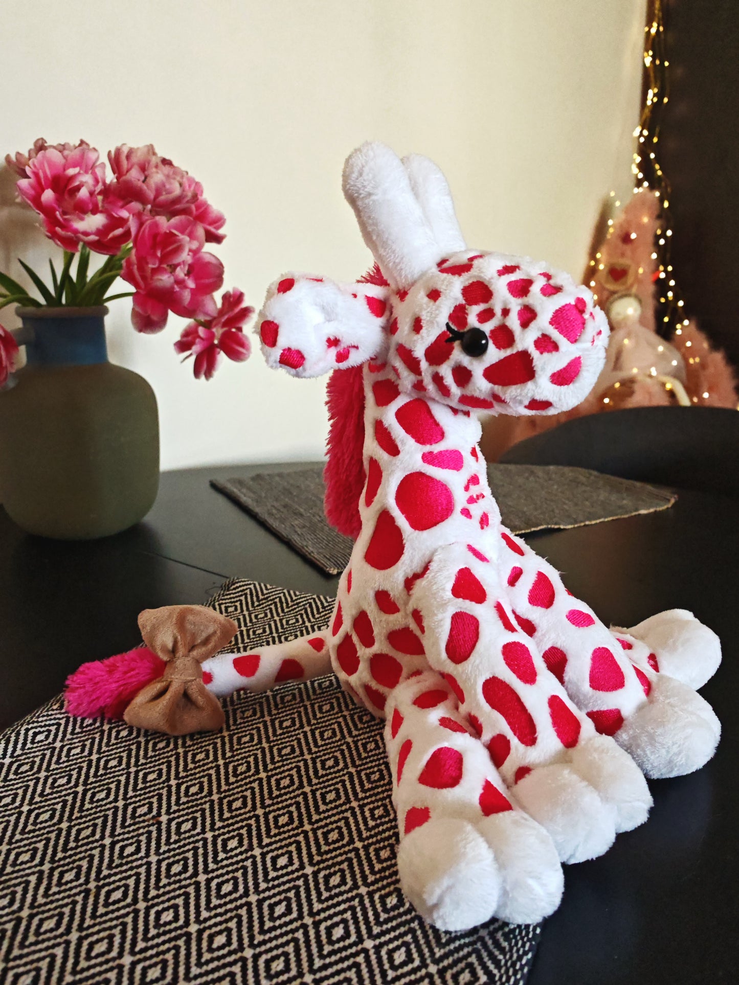 Pink Baby Giraffe plush, embroidered cuddling giraffe toy white plush bright pink embroidery