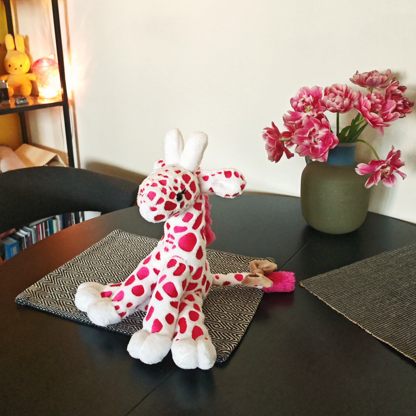Pink Baby Giraffe plush, embroidered cuddling giraffe toy white plush bright pink embroidery