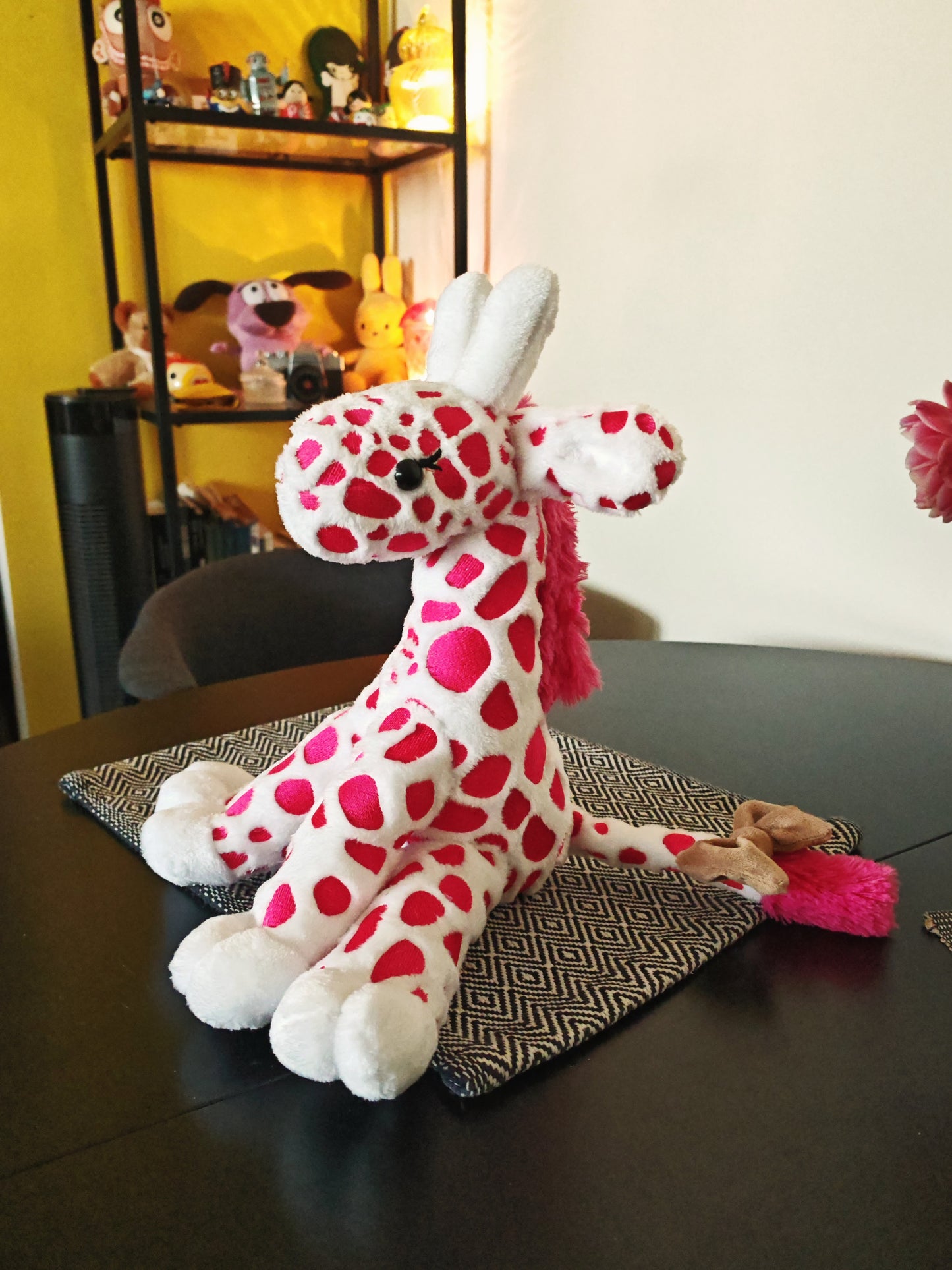 Pink Baby Giraffe plush, embroidered cuddling giraffe toy white plush bright pink embroidery