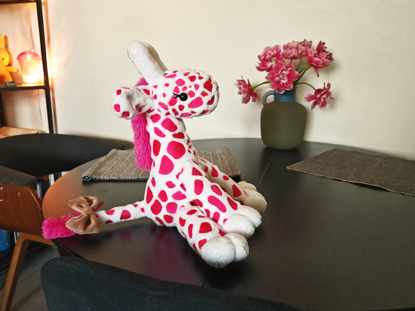 Pink Baby Giraffe plush, embroidered cuddling giraffe toy white plush bright pink embroidery