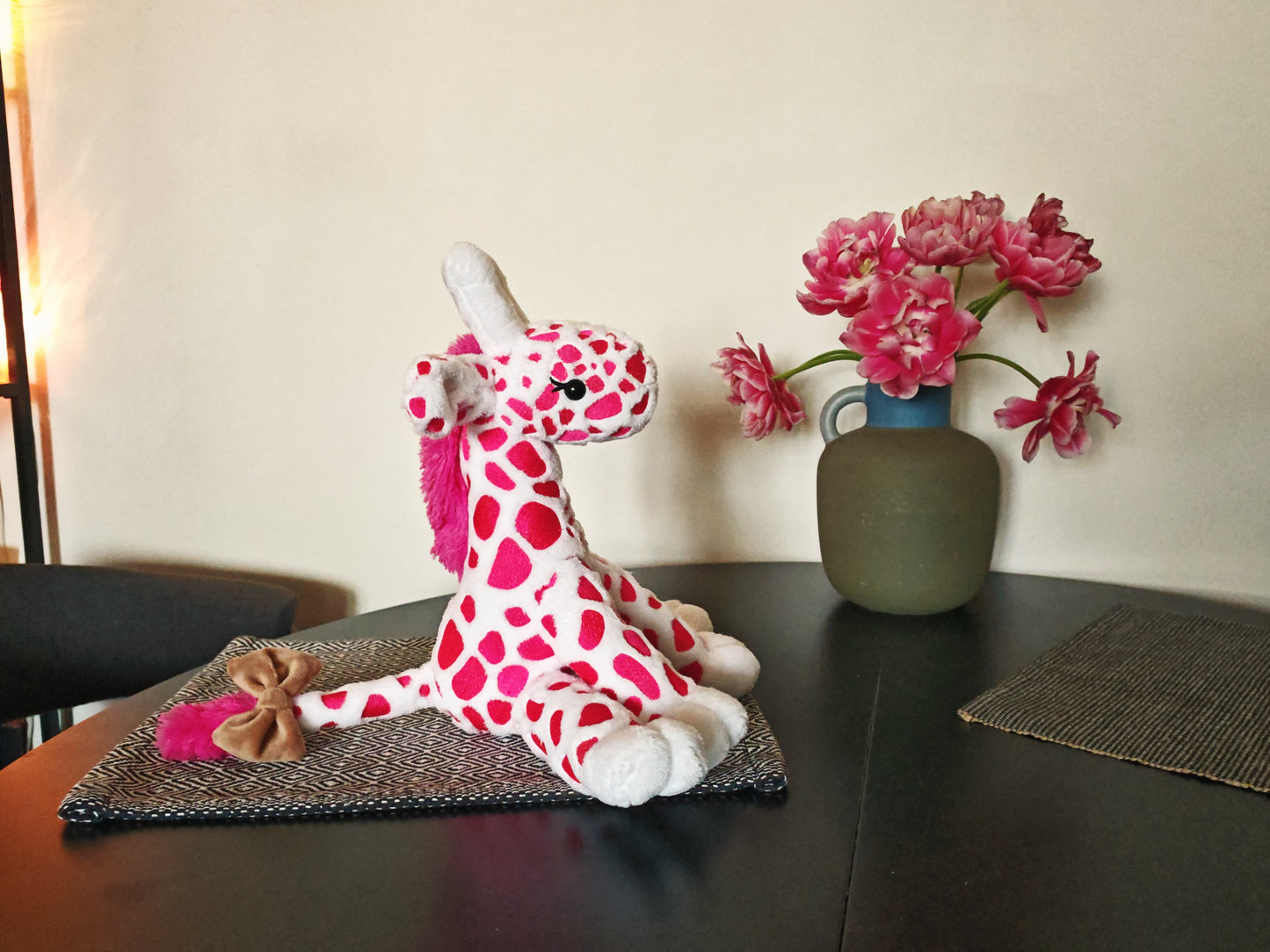 Pink Baby Giraffe plush, embroidered cuddling giraffe toy white plush bright pink embroidery