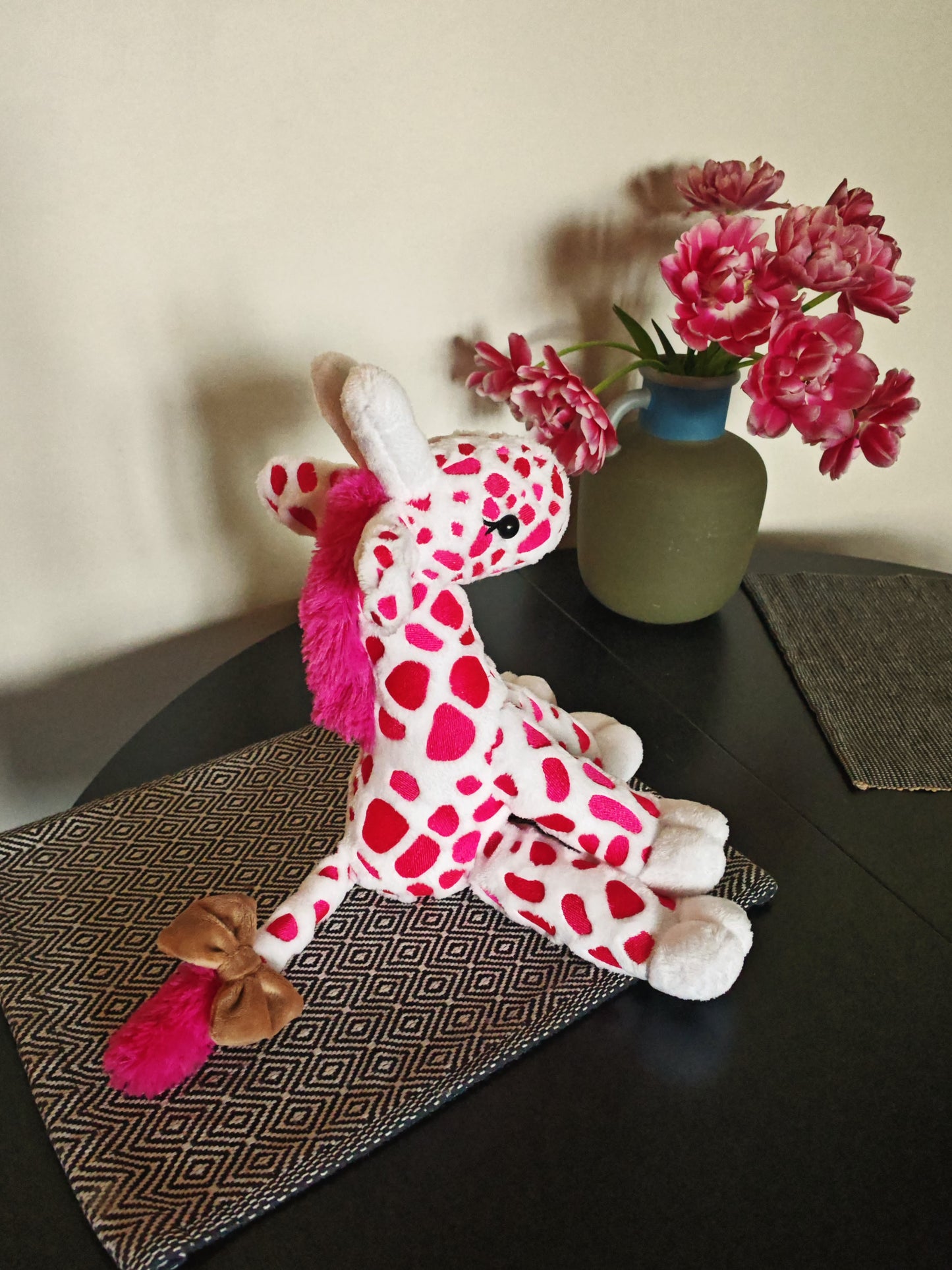 Pink Baby Giraffe plush, embroidered cuddling giraffe toy white plush bright pink embroidery