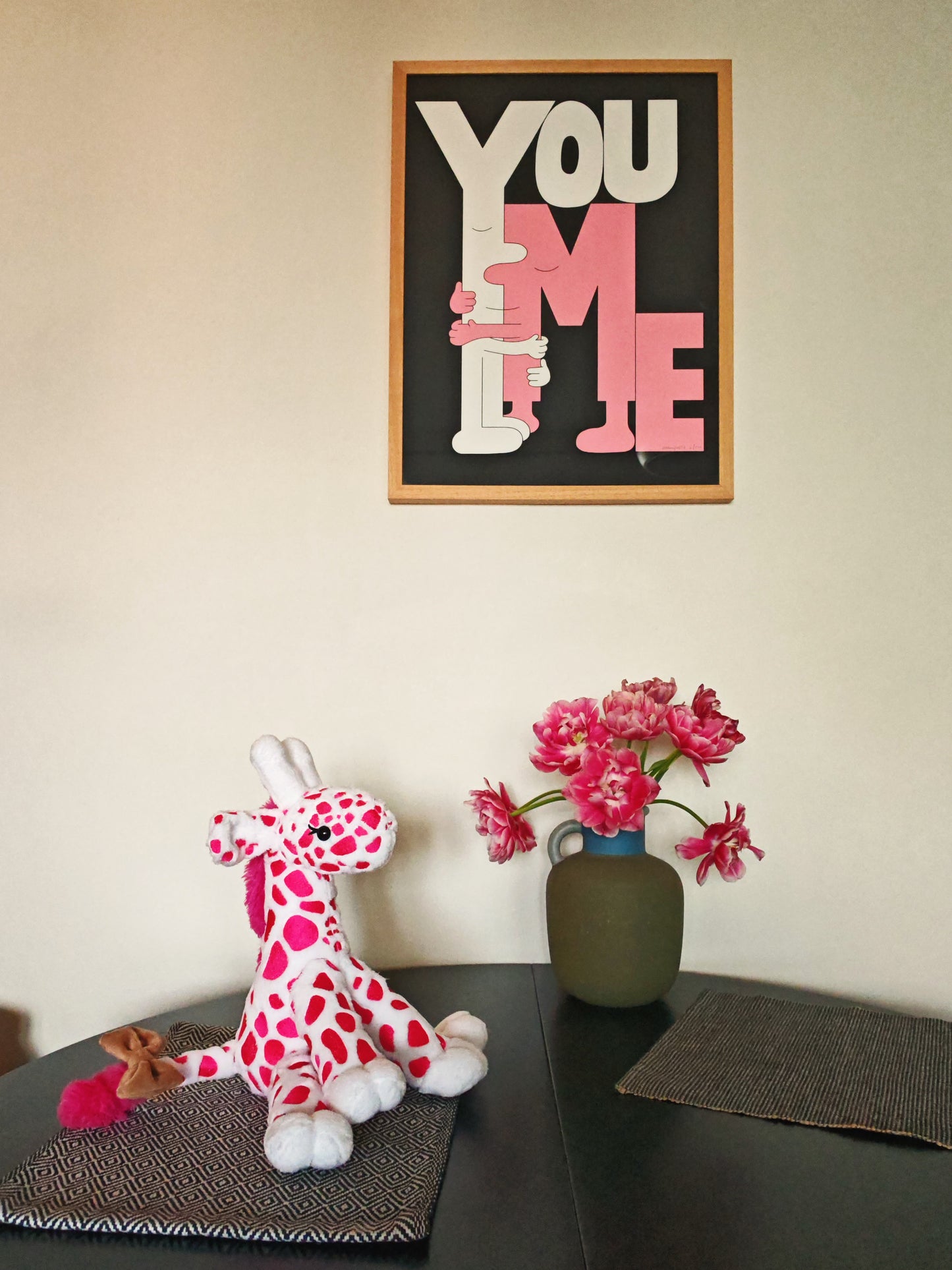 Pink Baby Giraffe plush, embroidered cuddling giraffe toy white plush bright pink embroidery