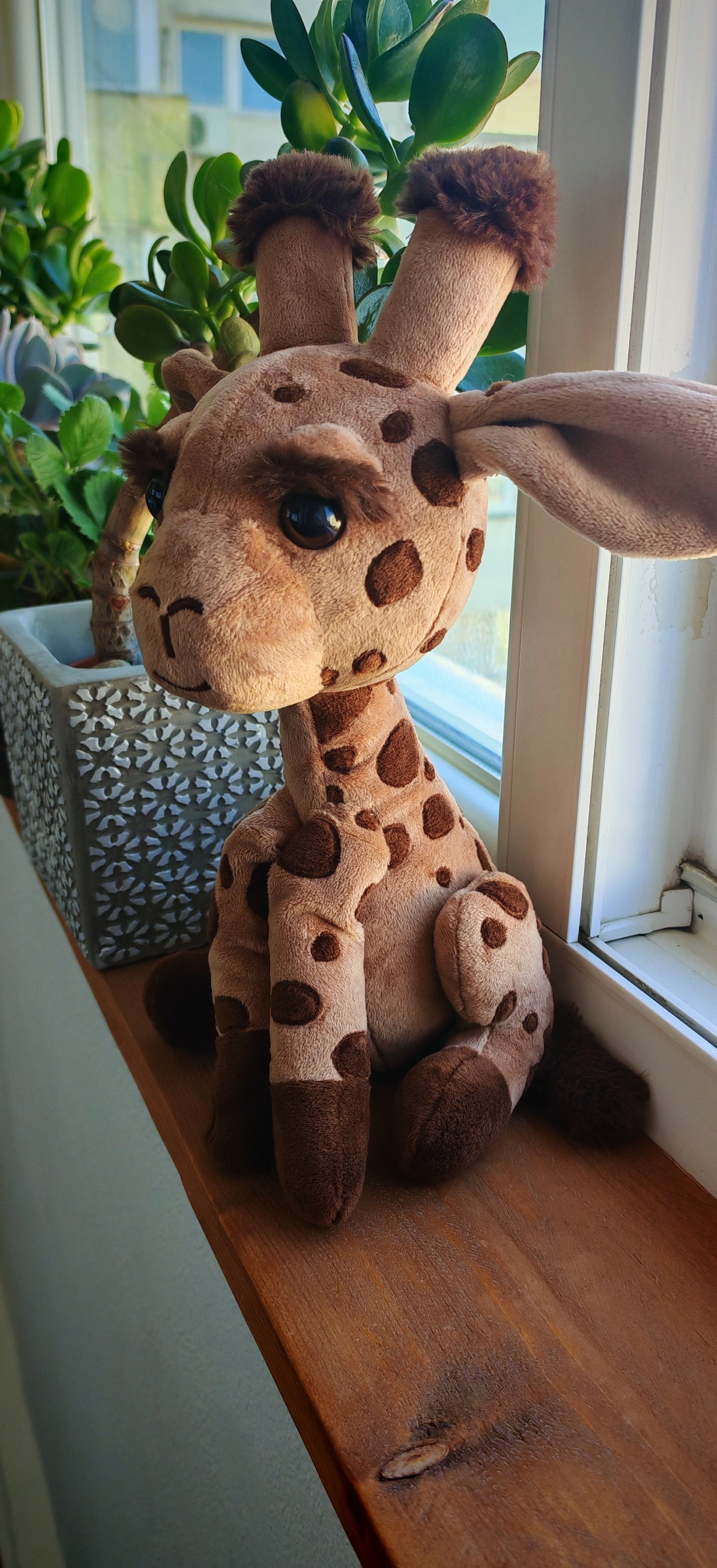 Plush giraffe toy on a windowsill with plants in the background