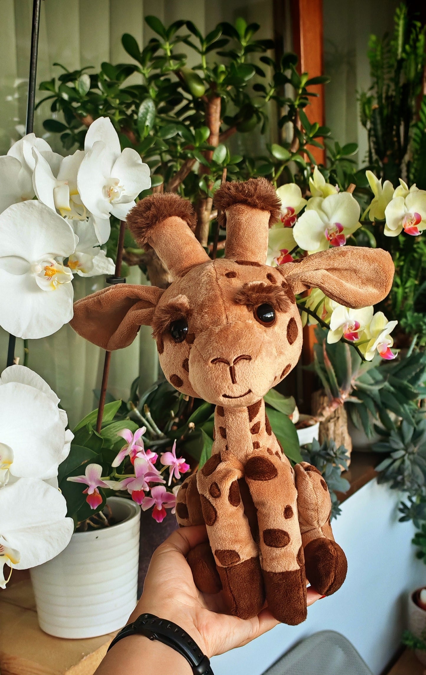 Plush giraffe toy held in front of a blurred indoor setting with plants and flowers.