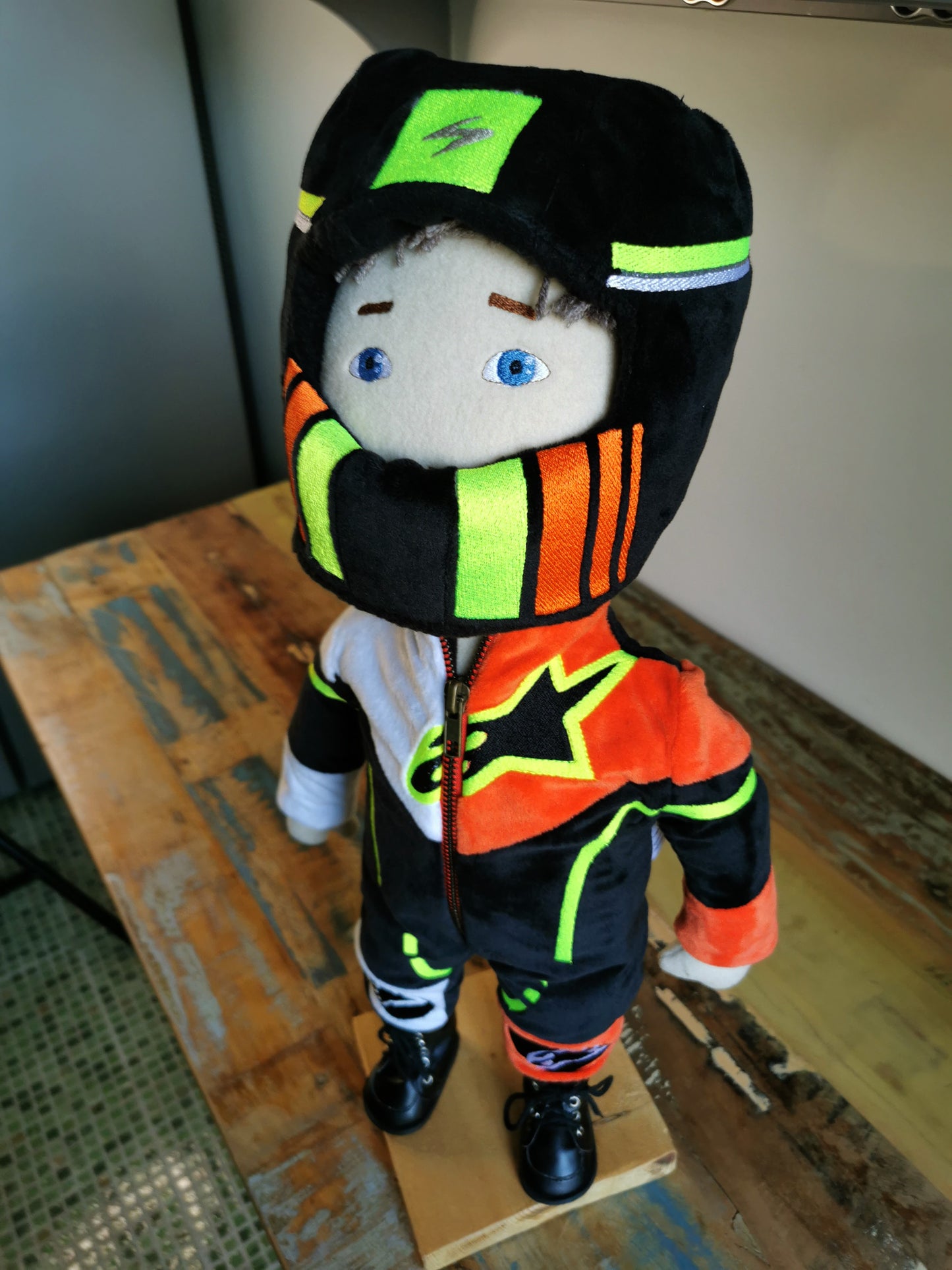 Motorcyclist Portrait Doll based on photos, Mini me soft doll, likeness doll in Motorcycle suit and helmet, 50 cm