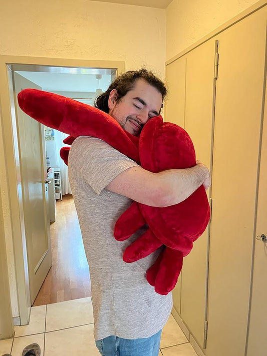Person embracing his Giant plush crab