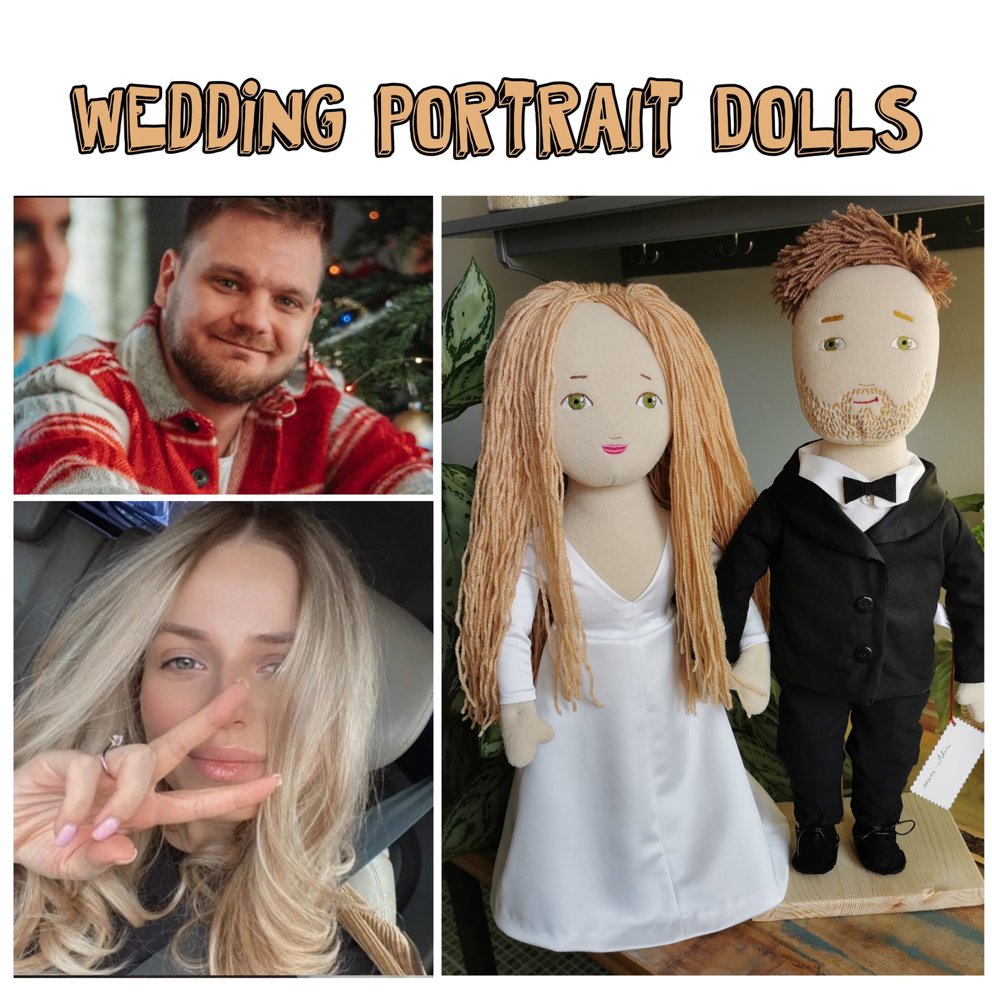 Custom Dolls from Wedding to Plush, 2 dolls of Bride and Groom, replica of wedding day couple photos