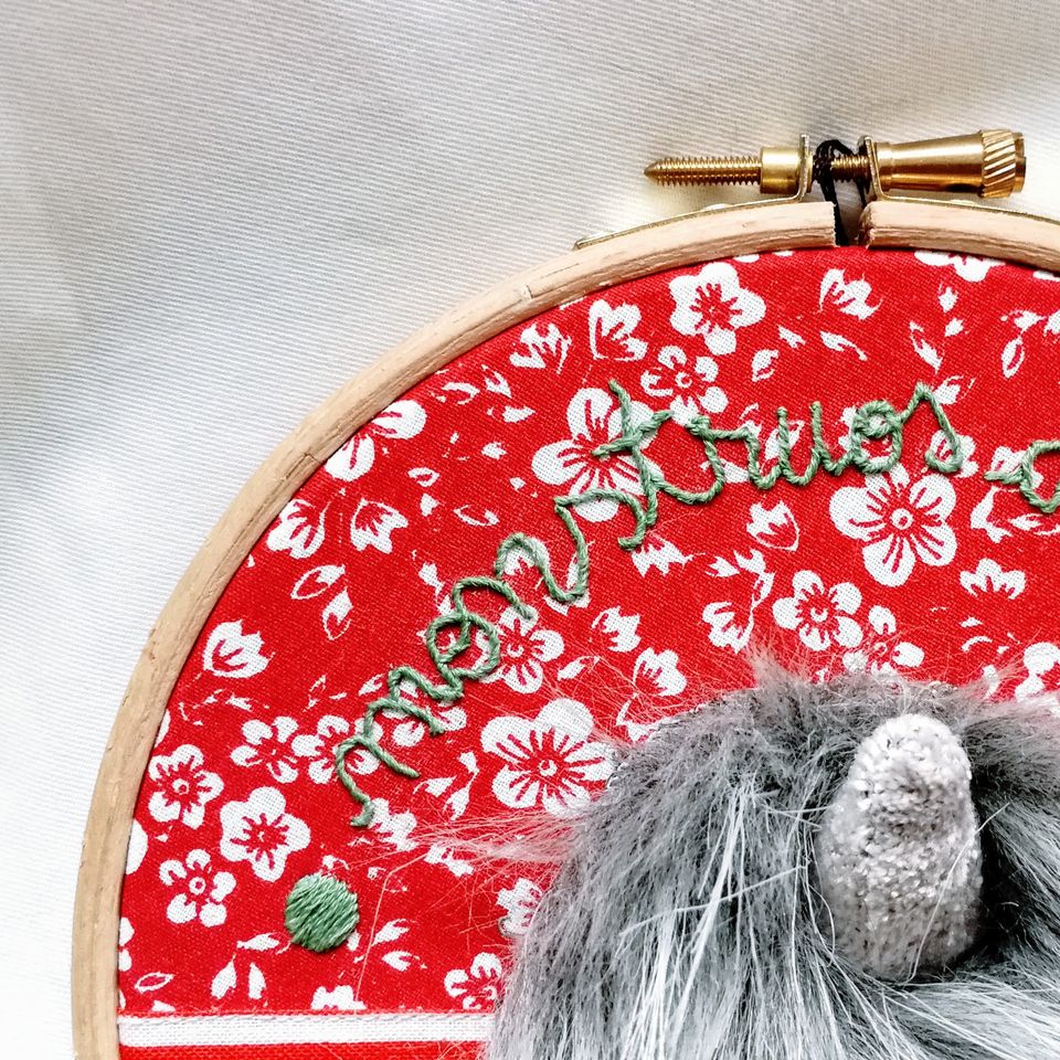 Monster handnstitched decor, small round textile artwork,"Monstrous beauty", 18cm