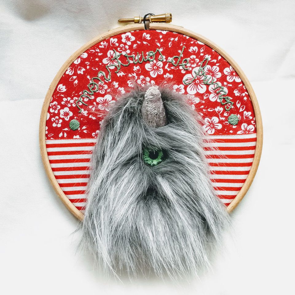 Monster handnstitched decor, small round textile artwork,"Monstrous beauty", 18cm